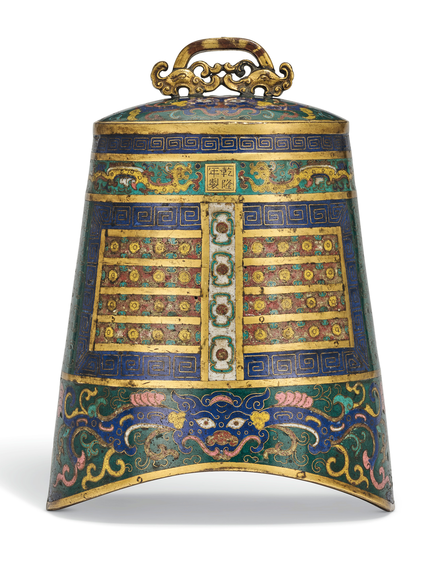 A rare and important cloisonné enamel archaistic bell, Bozhong, China, Qing dynasty, incised four-character Qianlong mark in a gilt-bronze cartouche and of the period (1736-95). Height: 10⅝ in (27 cm). Sold for €162,500 on 8 December 2021 at Christie’s in Paris