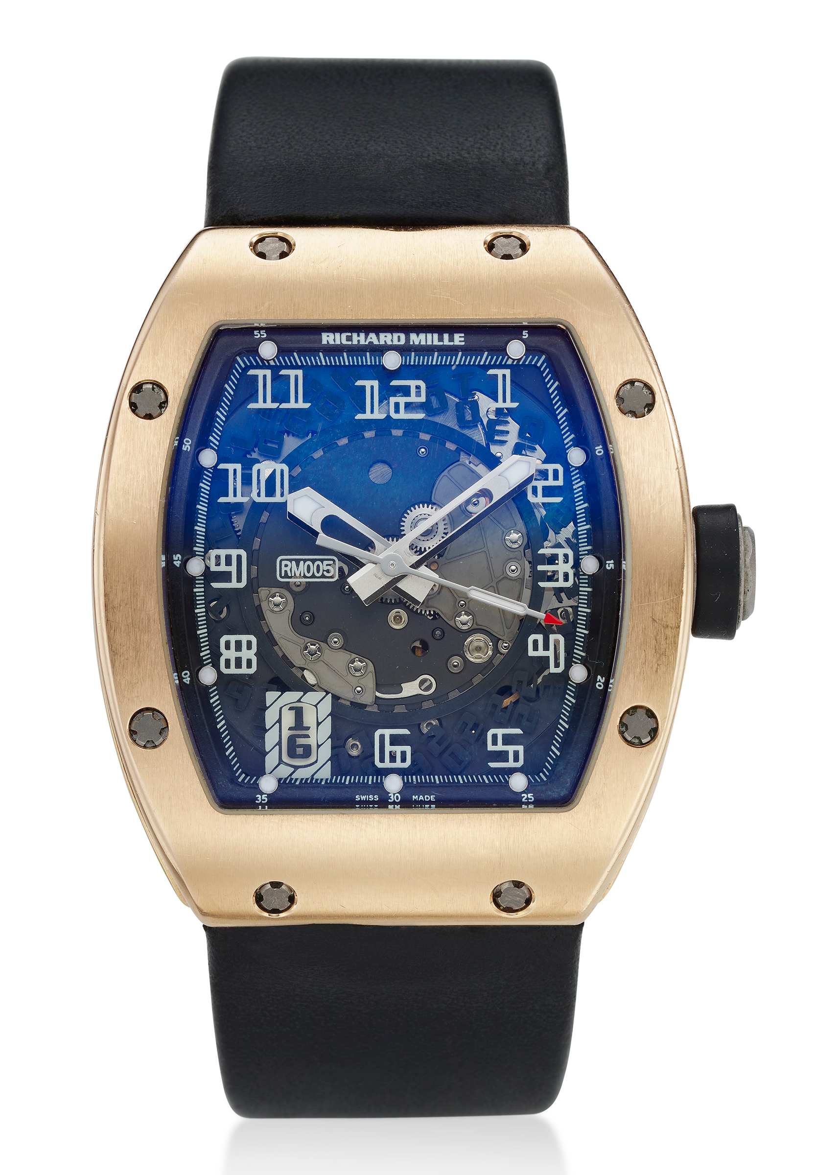 Richard Mille, 18ct pink gold skeletonised dial, Ref. RM005 AF PG, circa 2000s. Case diameter: 38 x 45 mm. Sold for $137,500 on 10 December 2021, Online