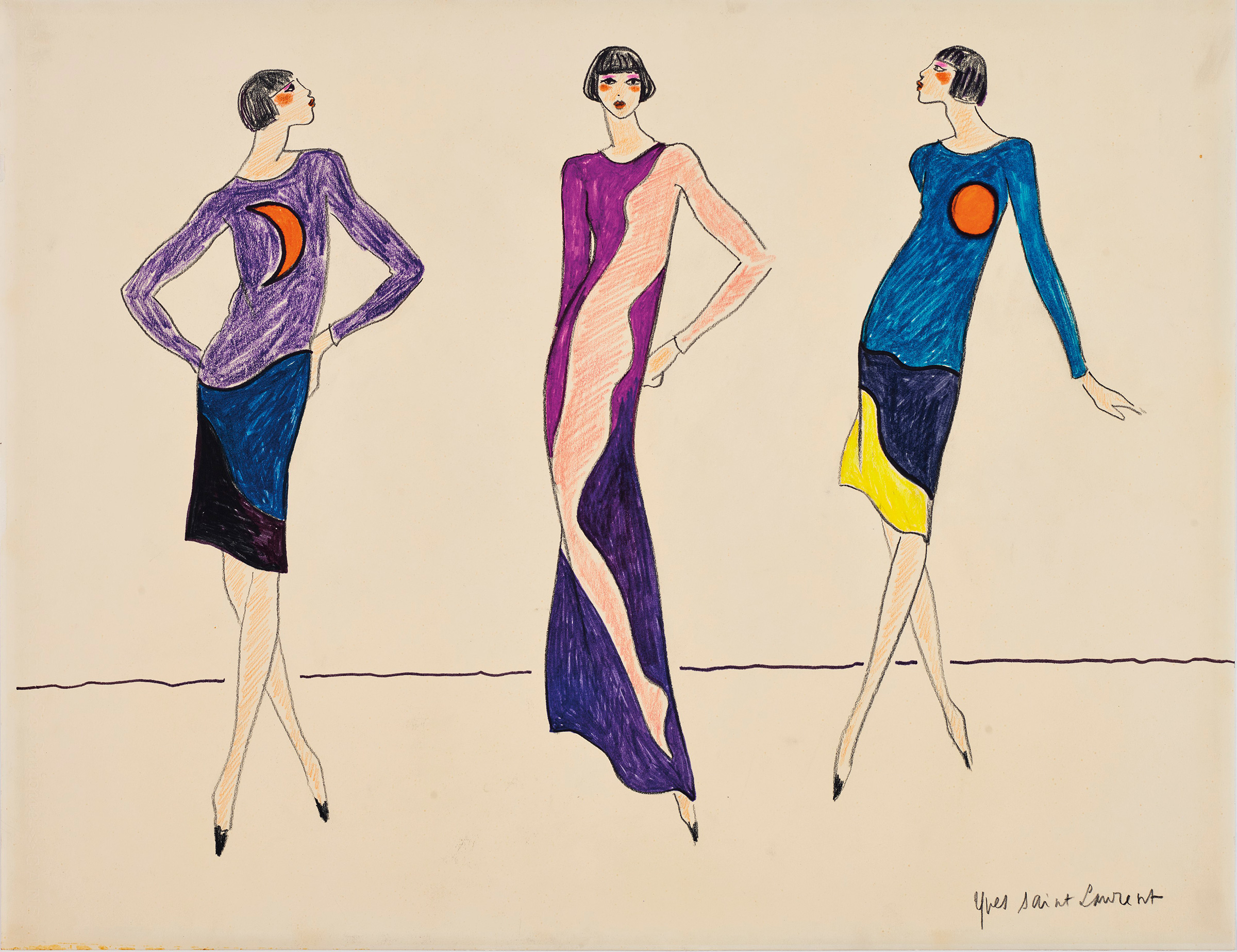 Yves Saint Laurent (1936-2008), Sans titre (dessin pour la collection haute couture ‘Homage to Tom Wesselmann autonne-hiver 1966’), 1966. Coloured pencil, felt-tip pen and wax crayon on paper. Sold for €60,000 on 3 December 2021 at Christie’s in Paris