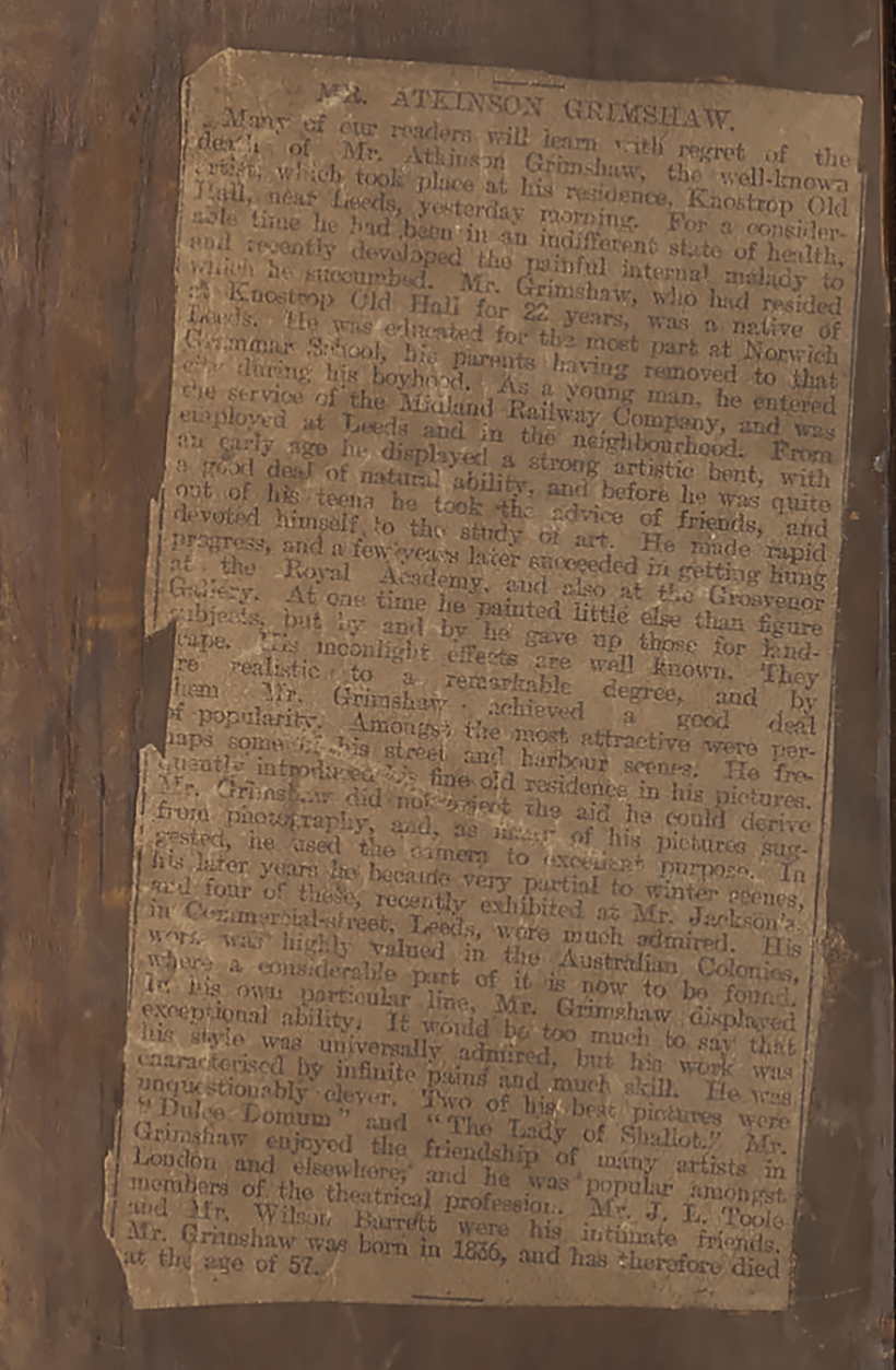 The reverse of the picture showing Grimshaw’s obituary on the frame, bottom left