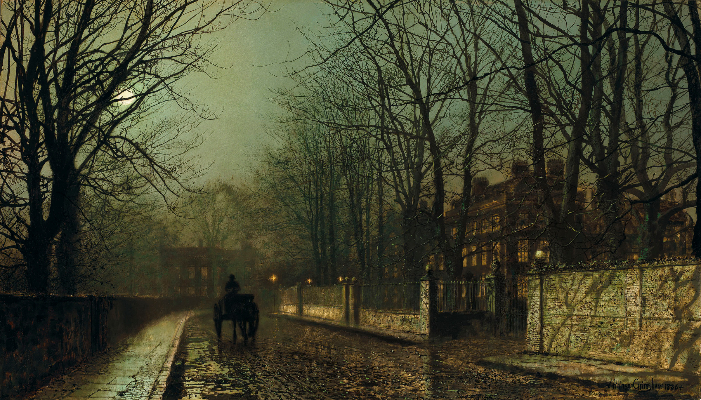 John Atkinson Grimshaw (British, 1836-1893), A Wet Moon, Putney Road. 24 x 42⅛  in (61 x 107  cm). Sold for $552,500 on 31 October 2018 at Christie&rsquo;s in New York