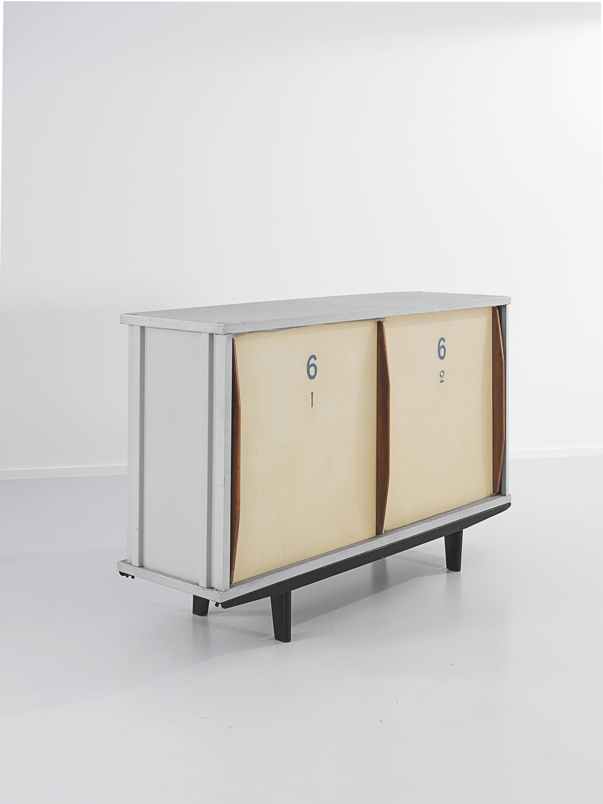 Pierre Chareau, Cloakroom ‘sn 39’, the model created circa 1932. Painted metal and duralumin. 83 x 52½ x 20¾ in (211 x 90 x 52.7 cm). Estimate: €70,000-90,000. Offered in Daniel Lebard Collection, Through the prism of modernity on 2-3 November 2021 at Christie’s in Paris
