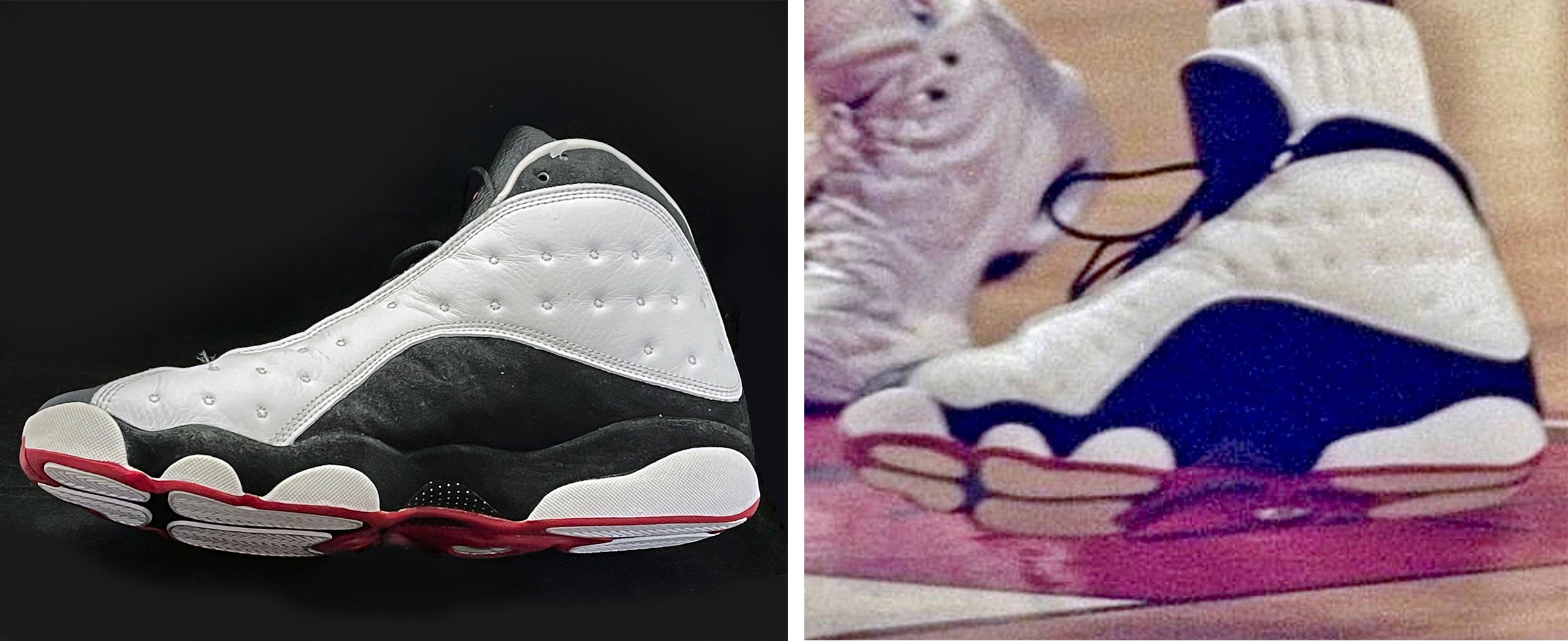 An example of detailed photo matching of Michael Jordan’s game-worn and signed Air Jordan XIII "He's Got Game" sneakers from the 18 April 1998 game by SAAS (Sports Authority Authentication Services)