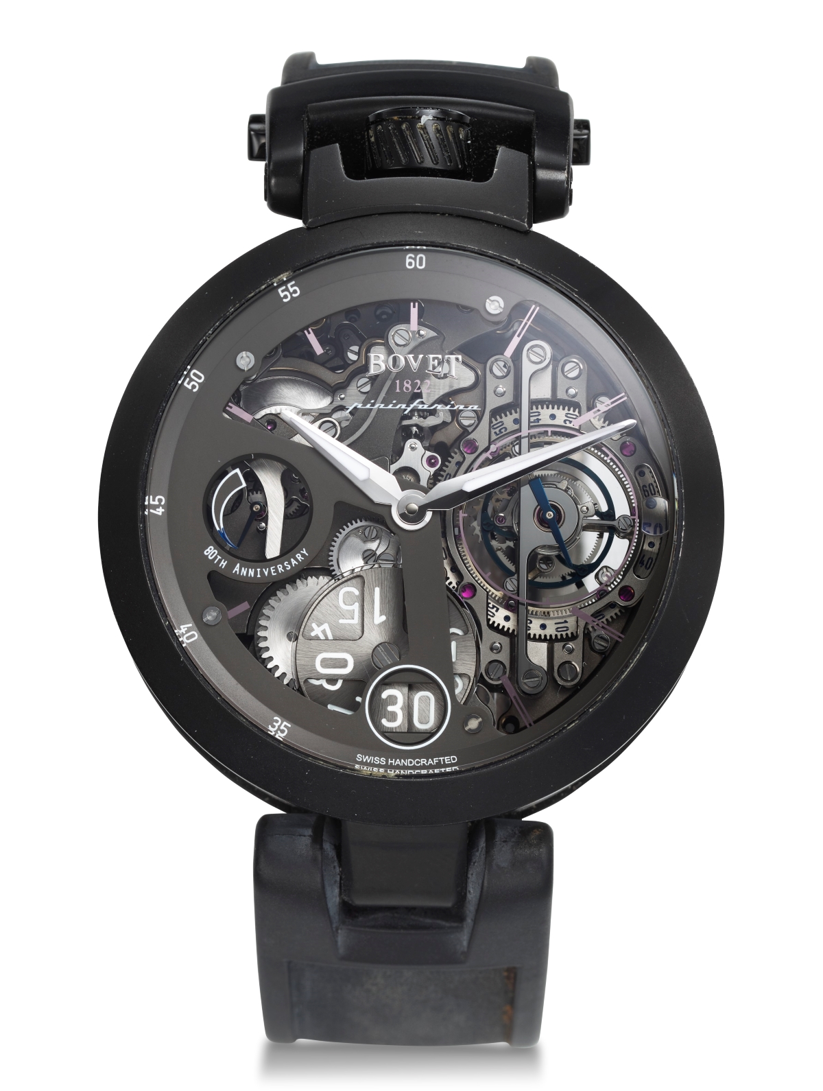 Bovet, 80th Anniversary Pinifarina Tourbillion Ottanta. Oversized tourbillon, selfwinding. Limited edition 30/80. Convertible titanium pocket and wristwatch. Case Diameter: 46mm. Estimate: $50,000-80,000. Offered in Christie’s Fine Watchmaking: Important Timepieces and the Independent Collection at Christie’s online