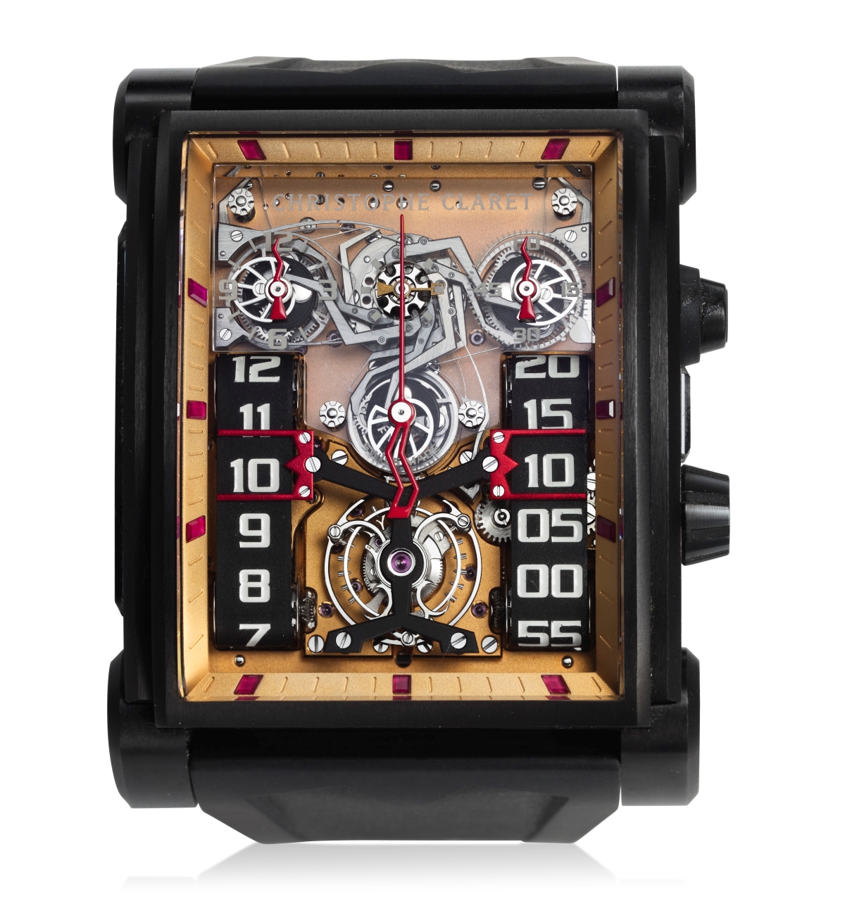 Christophe Claret. 20th Anniversary Dualtow &lsquo;Piece Unique&rsquo;. PVD-coated, titanium singlepusher planetary-gear chronograph with striking system and tourbillon wristwatch with two rolling belt indicators. Case Diameter:  48mm x 45mm. Estimate: $40,000-70,000. Offered in Christie&rsquo;s Fine Watchmaking: Important Timepieces and the Independent Collection at Christie&rsquo;s online