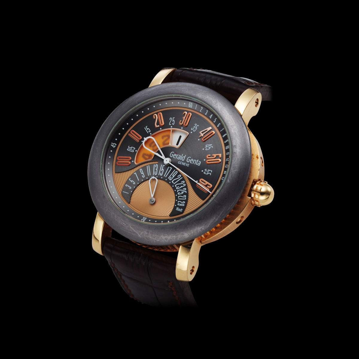 Gerald Genta, Arena Bi Retro Jump Hour. 18K rose gold and tantalum. Case Diameter: 45mm. Estimate: $6,000-10,000. Offered in Christie&rsquo;s Fine Watchmaking: Important Timepieces and the Independent Collection at Christie&rsquo;s online