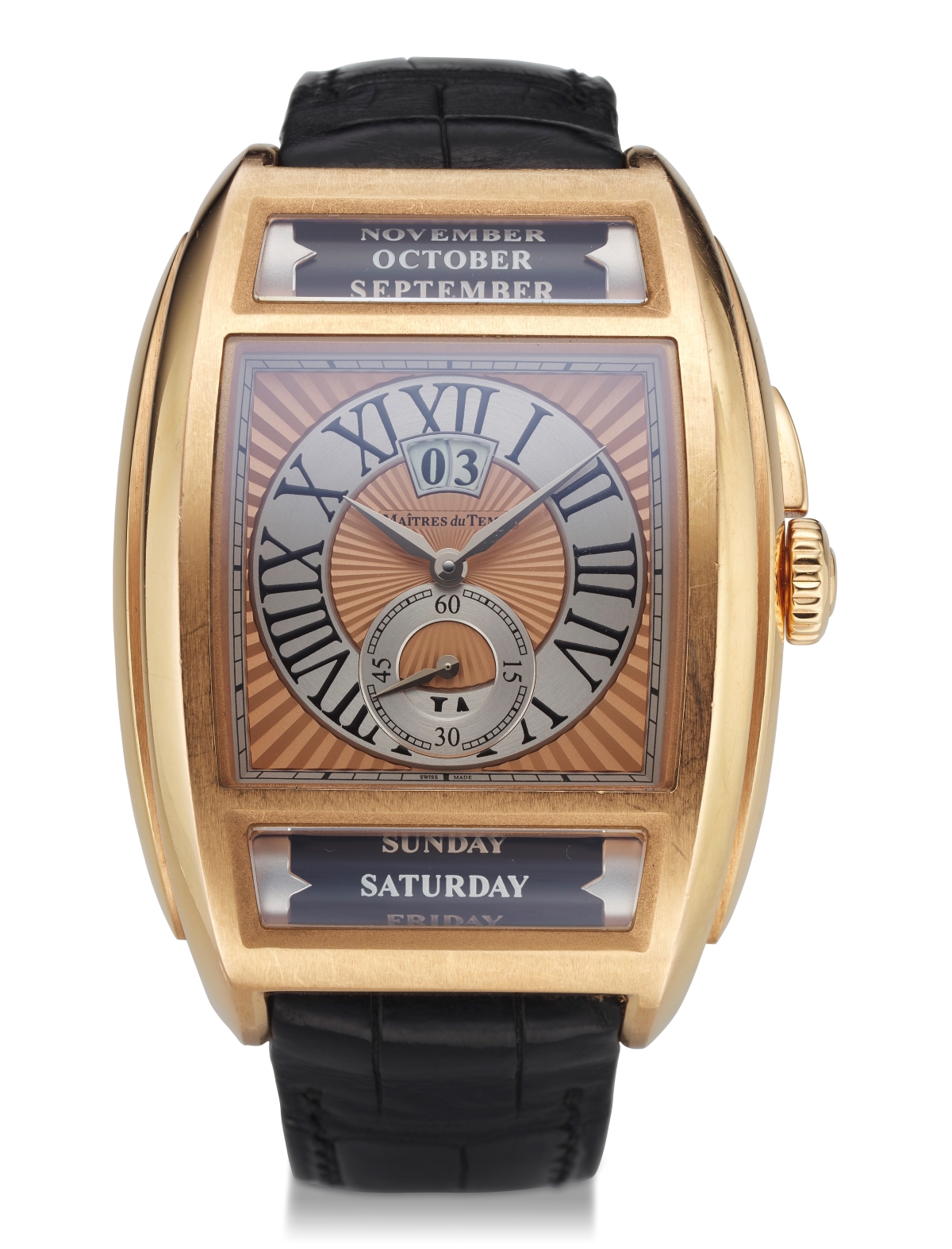 Maitres du Temps, Chapter Two. Roger Dubuis, Peter Speake-Marin and Daniel Roth collaboration. 18K rose gold. Case Diameter: 42mm x 58mm. Estimate: $12,000-24,000. Offered in Christie’s Fine Watchmaking: Important Timepieces and the Independent Collection at Christie’s online
