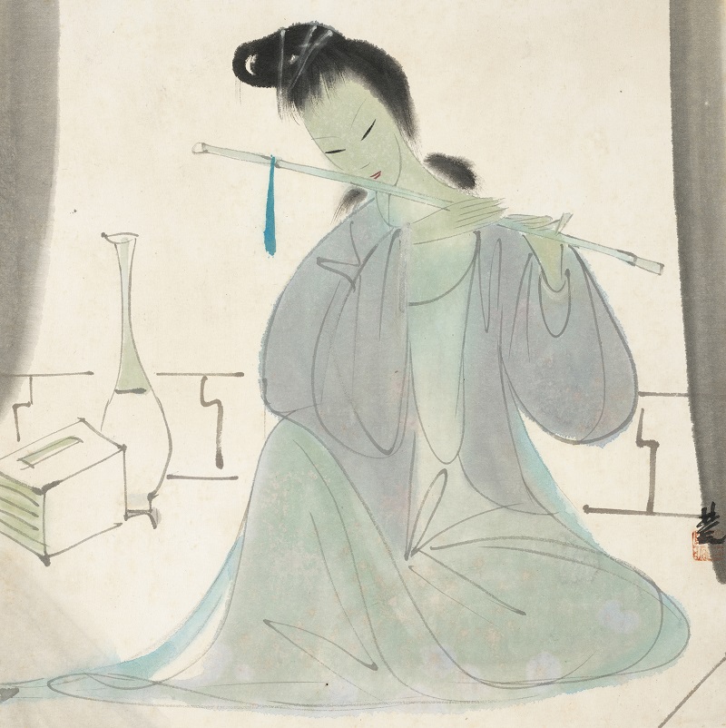 林風眠（1900-1991），《吹笛仕女》。設色紙本 鏡框。33.5 x 33.5 公分（13 ¼ x 13 ¼ 英寸）。估價：港元 200,000-300,000。此作將於2021年11月30日在中國近現代及當代書畫拍賣中呈獻