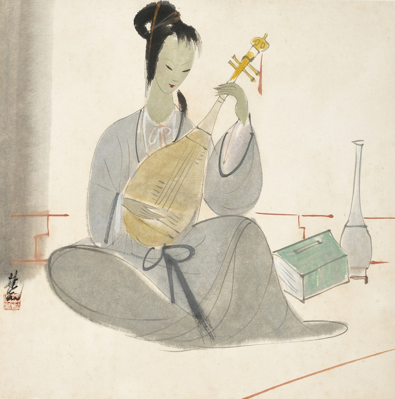 林風眠（1900-1991），《琵琶仕女》。設色紙本 鏡框。33.5 x 33.5 公分（13 ¼ x 13 ¼ 英寸）。估價：港元 200,000-300,000。此作將於2021年11月30日在中國近現代及當代書畫拍賣中呈獻