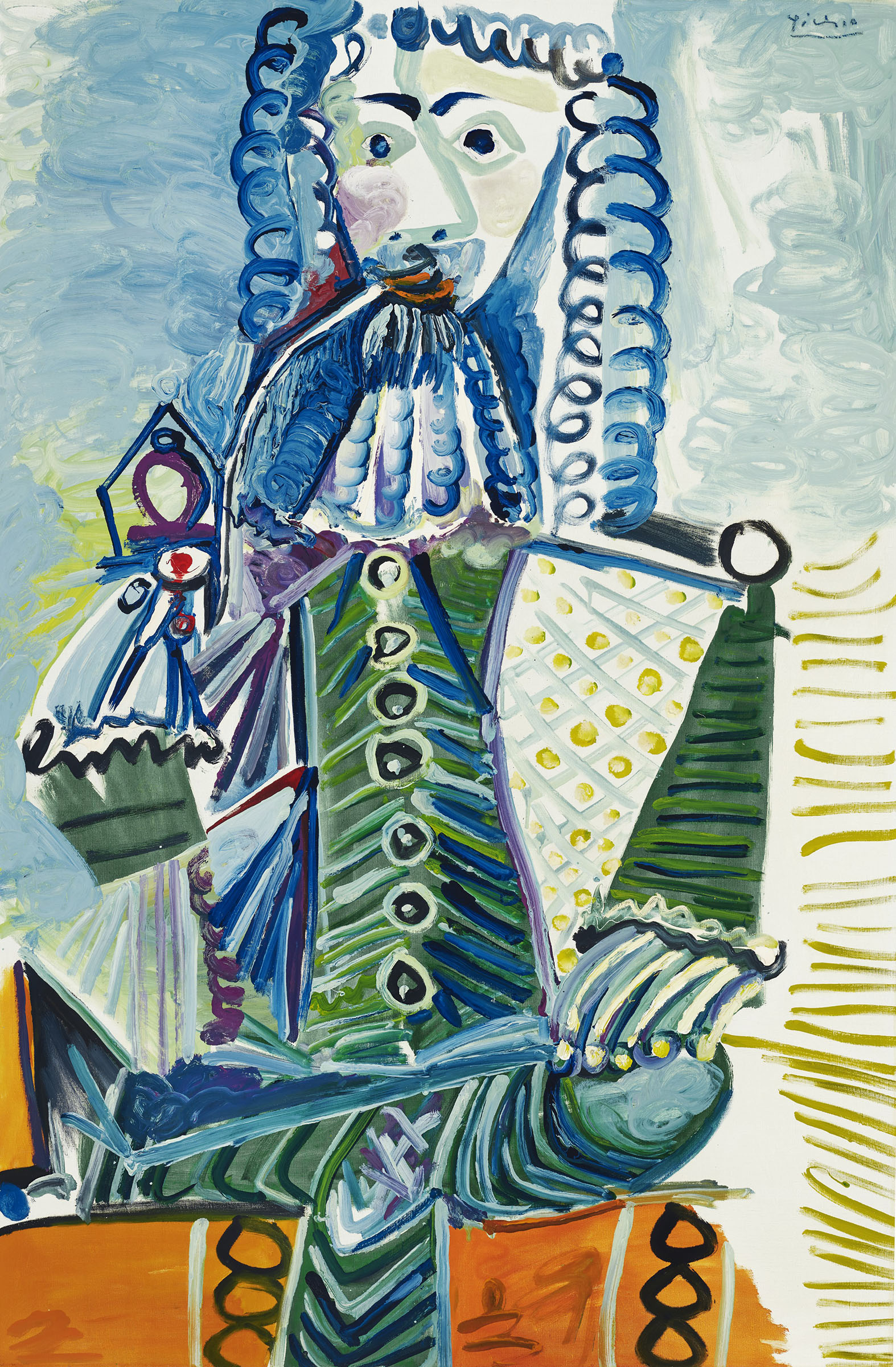 巴布羅&middot;畢加索（1881-1973），《火槍手與煙斗II》，1968年作。油彩 Ripolin顏料 畫布。57&frac12; x 38英寸（146 x 96.5公分）。此作於2021年11月11日在佳士得紐約「二十世紀藝術晚間拍賣」中售出，成交價34,710,000美元