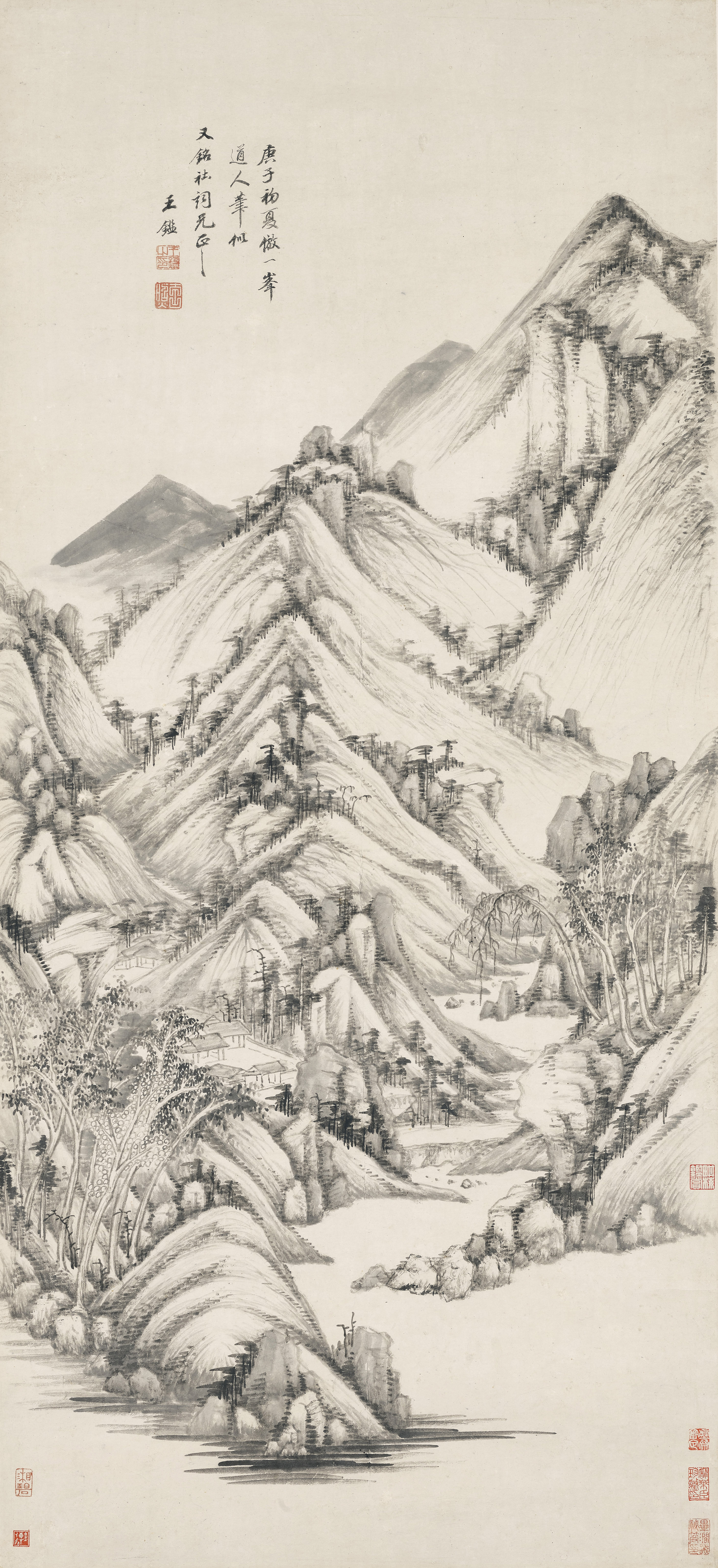 清 王鑑（1609-1677），《倣黃公望山水》。水墨紙本 立軸。105.5 x 48 公分（41 &frac12; x 18 ⅞ 英寸）。估價：港元 1,500,000-2,500,000。此作將於2021年11月29日在佳士得香港中國古代書畫拍賣中呈獻