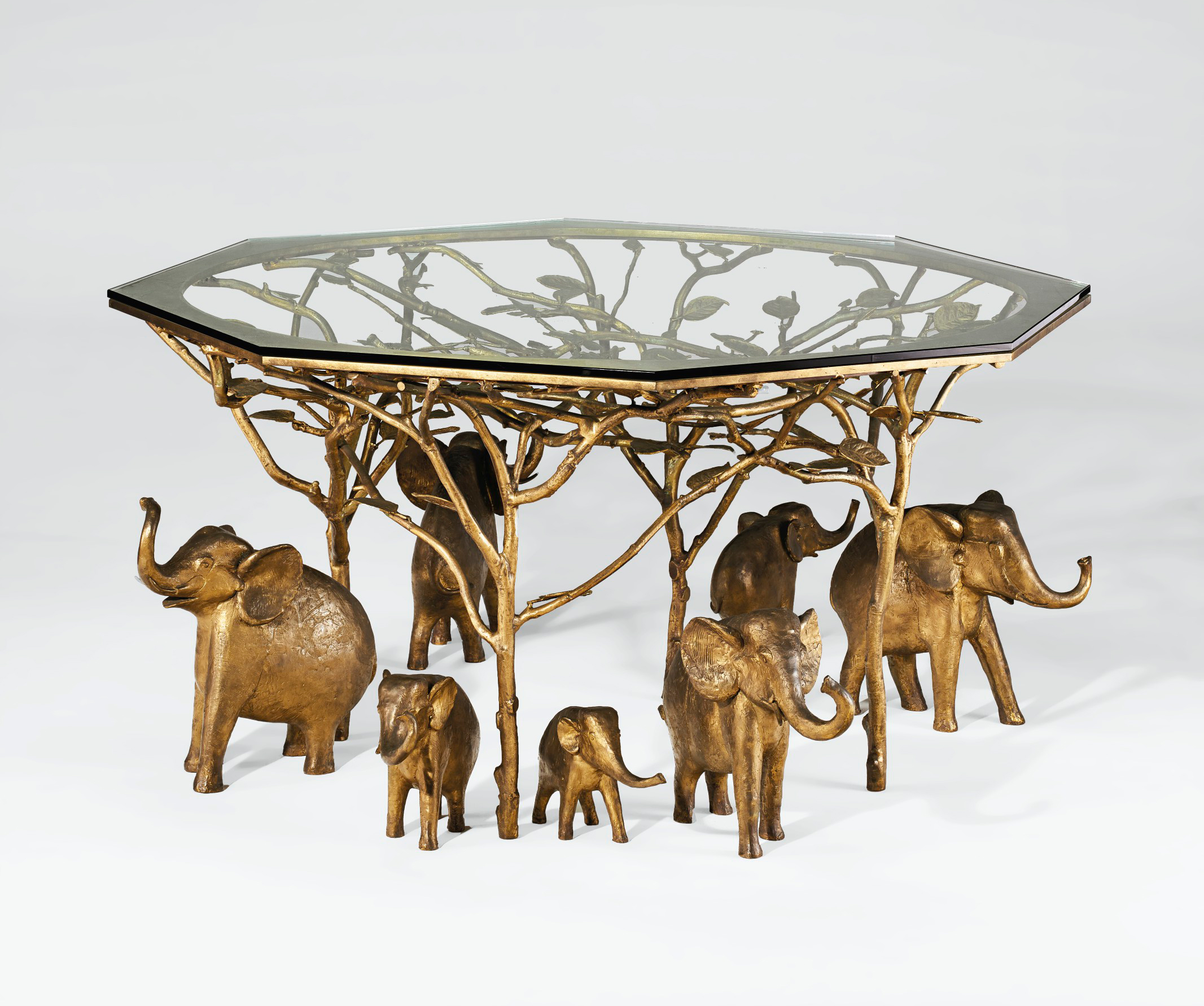 Fran&ccedil;ois-Xavier Lalanne (1927-2008), &lsquo;Troupeau d'&eacute;l&eacute;phants dans les arbres&rsquo; table, 2001. Executed by Deroyaume Fondeur, Villers-sur-Port, France. Comprising seven free-standing elephant sculptures and an octagonal centre table. Sold for $6,630,000 on 10 June 2021 at Christie&rsquo;s in New York. Artwork: © François-Xavier Lalanne, DACS 2021
