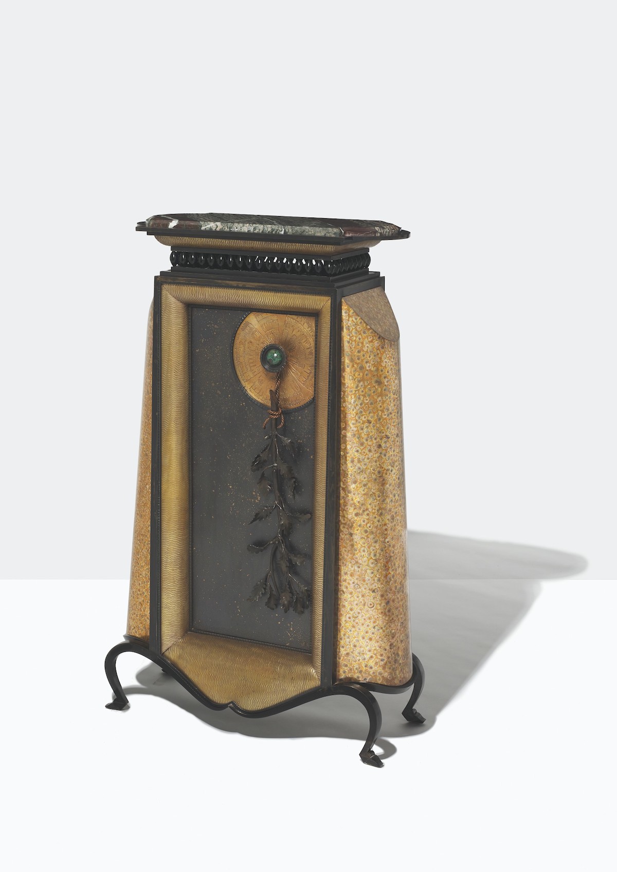 André Dubreuil, Cabinet ‘Branch of Oak’, single piece, 1993. Patinated steel and copper, painted metal, enamelled metal, coloured glass, chrysocolle and campan marble. Measurements: 46 1⁄2 x 28 1⁄2 x 13 3⁄4 in (118 x 72.5 x 35 cm). Estimate: €30,000-50,000. Offered in Design on 1 December 2021 at Christie’s in Paris