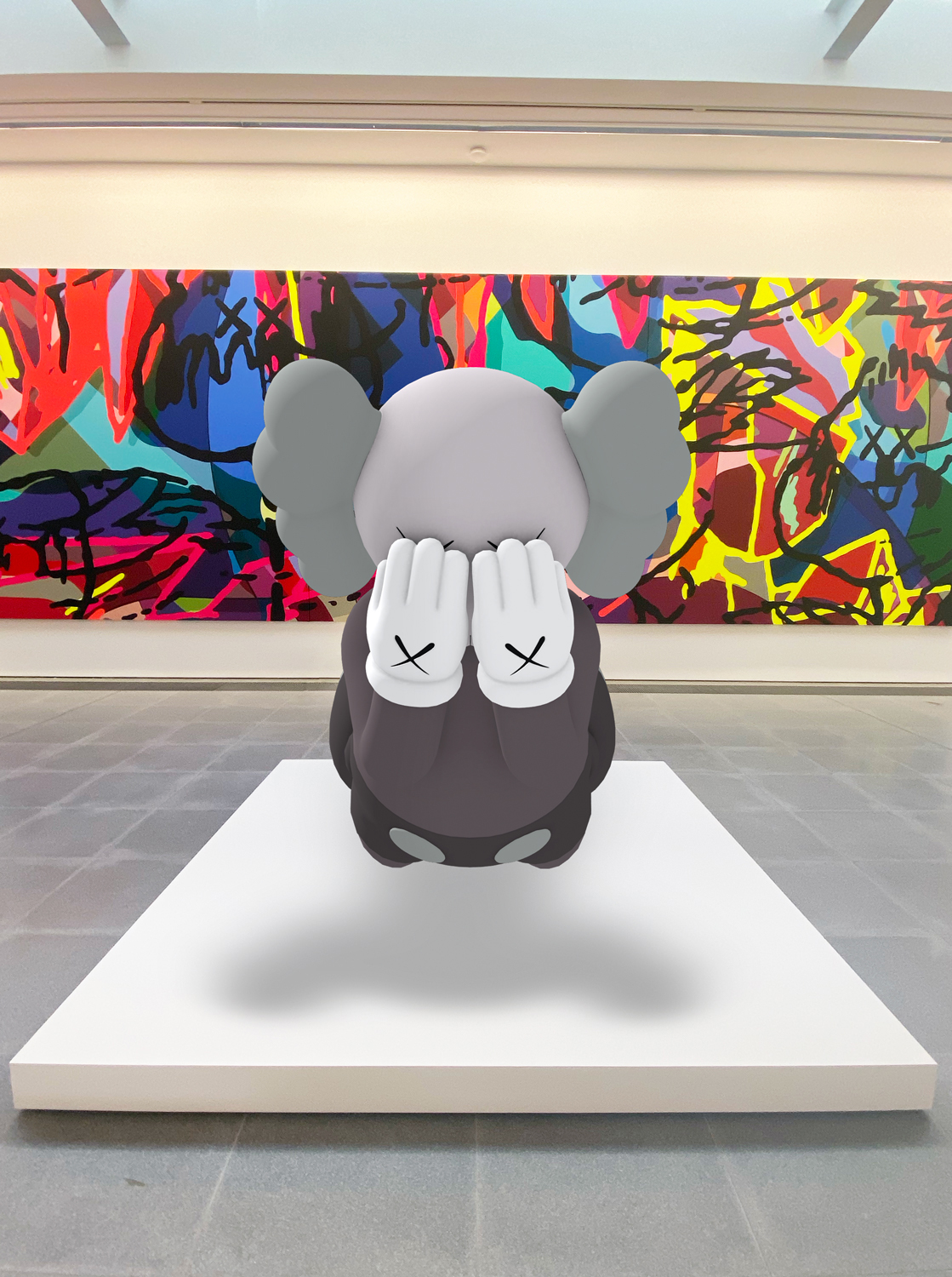KAWS, COMPANION (EXPANDED), 2020. Augmented-reality sculpture at Serpentine North. Courtesy of KAWS and Acute Art