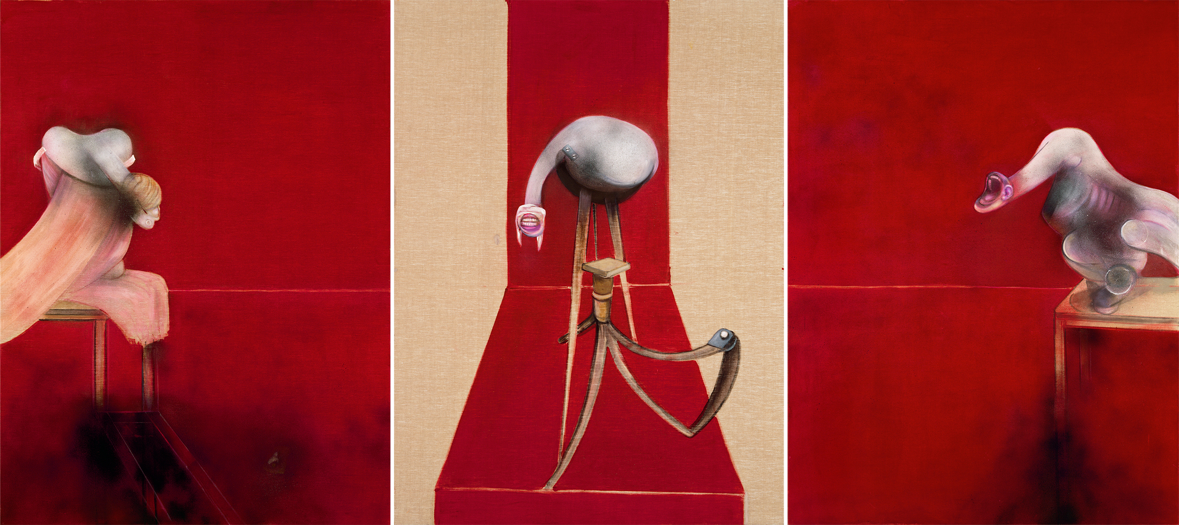 Francis Bacon, Second Version of Triptych 1944, 1988. Oil paint and acrylic paint on 3 canvases. 198 x 147.5 cm (each). Tate: Presented by the artist 1991. © The Estate of Francis Bacon. All rights reserved, DACS/Artimage 2021. Photo: Prudence Cuming Associates Ltd