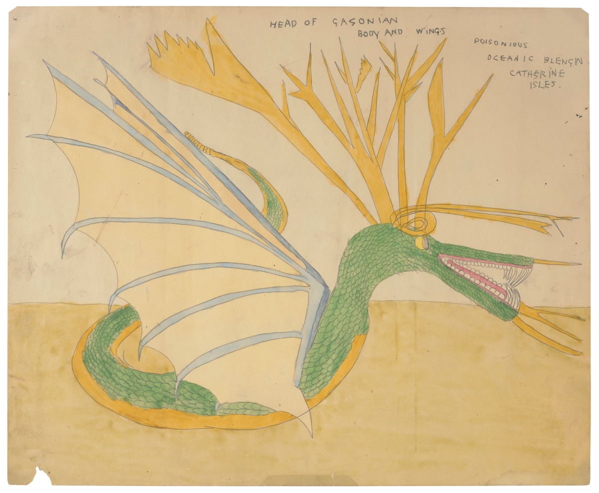 Henry Darger (1892-1973), Head of Gagonian/ Body and Wings/ Poisonous/ Oceanic Blengin/ Catherine Isles. Graphite, ink and watercolour on brown paper. 14 x 17 in (36 x 43 cm). Estimate: $40,000-80,000. Offered in Outsider Art on 3 February 2022 at Christie's in New York