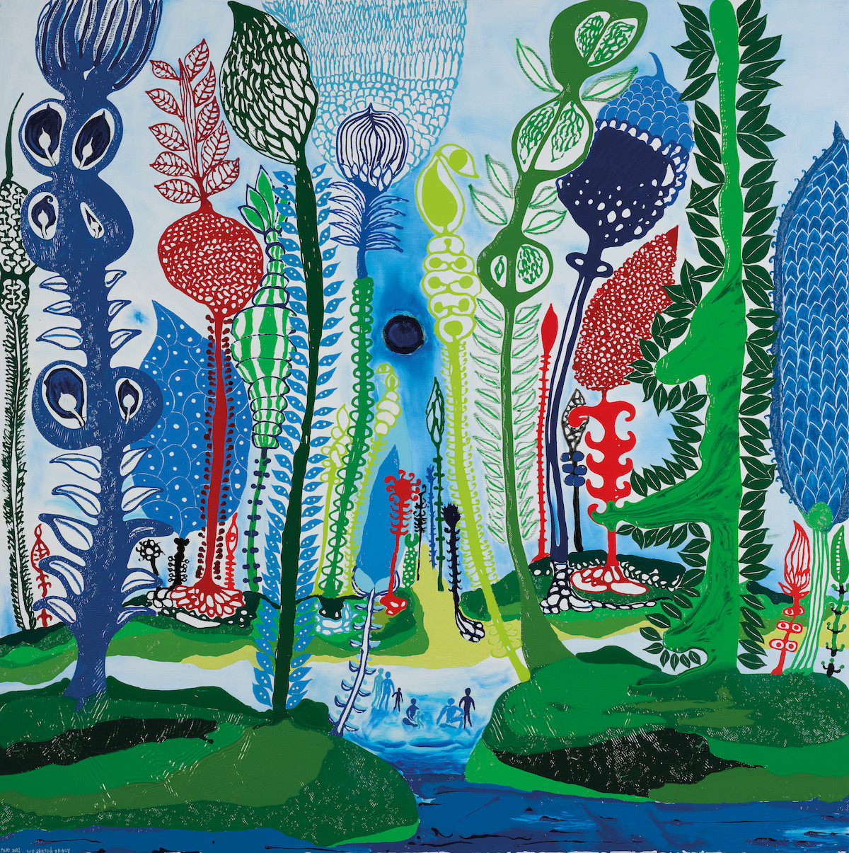 John Pule (b.1962), We Stayed All Day, 2021. Oil, varnish, ink, pastel and enamel paint on canvas. 59 x 59&frac14; in (150 x 150.5 cm). Estimate: &euro;20,000-30,000. Offered in OCEANIA NOW : Contemporary Art from the Pacific | Online, 11 February&ndash;1 March