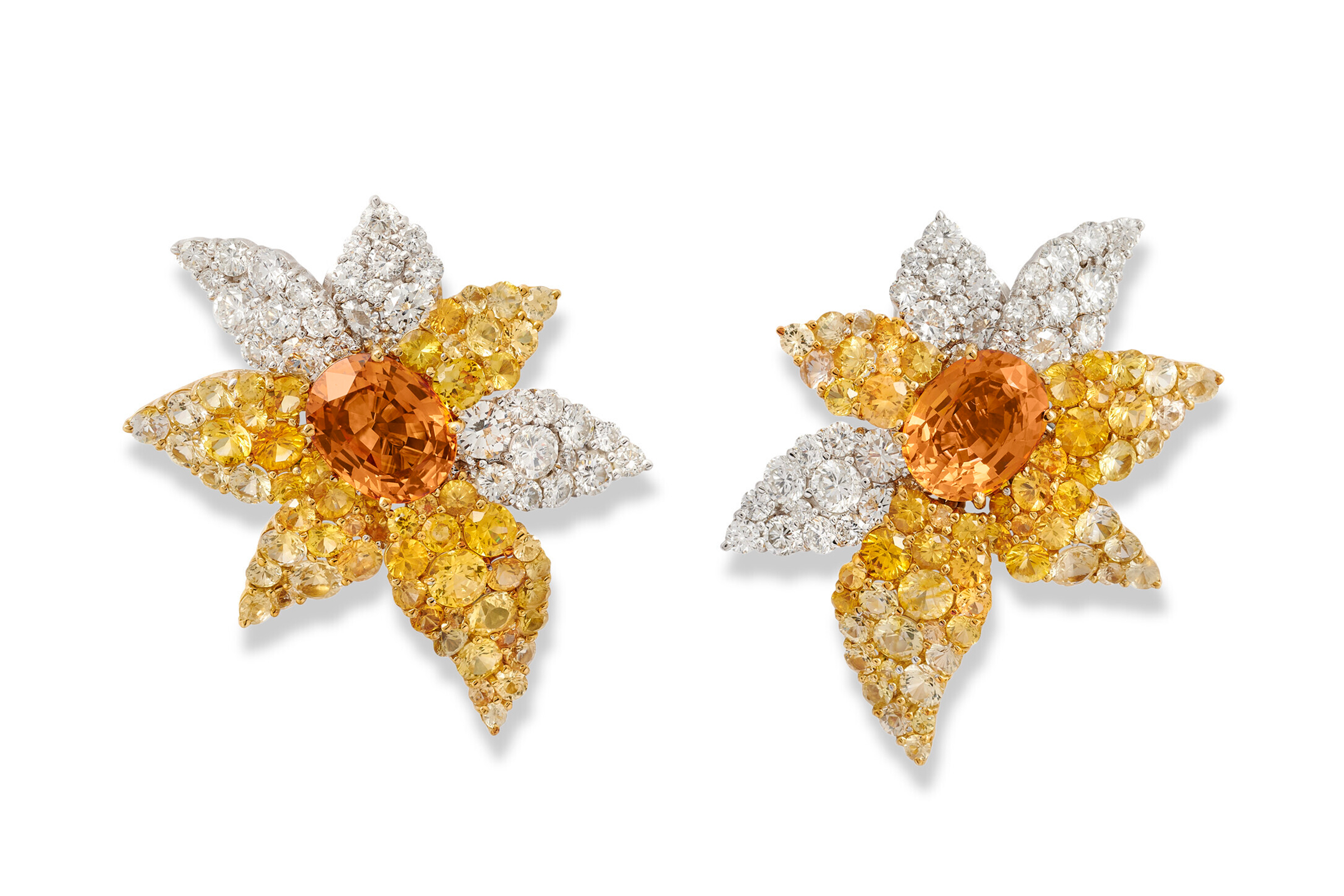 Chantecler diamond and coloured sapphire earrings. Gross weight: 25.6 grams. Size/dimensions: 4 x 3.3 mm. Sold for €12,600 on 10 March 2022, Online