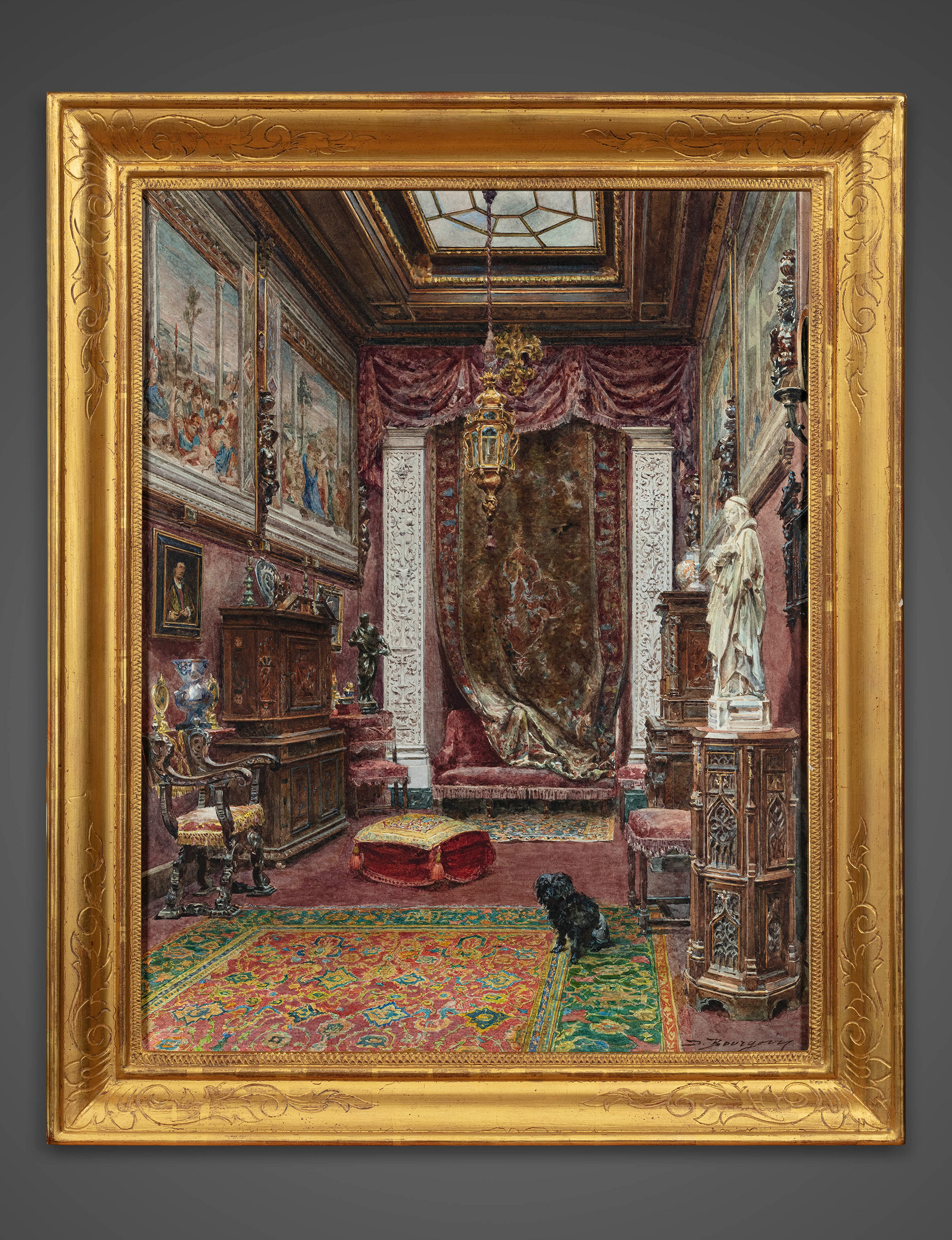 A painting of the top-lit gallery at Baron von Rothschild’s home on rue de Monceau, Paris. Private collection