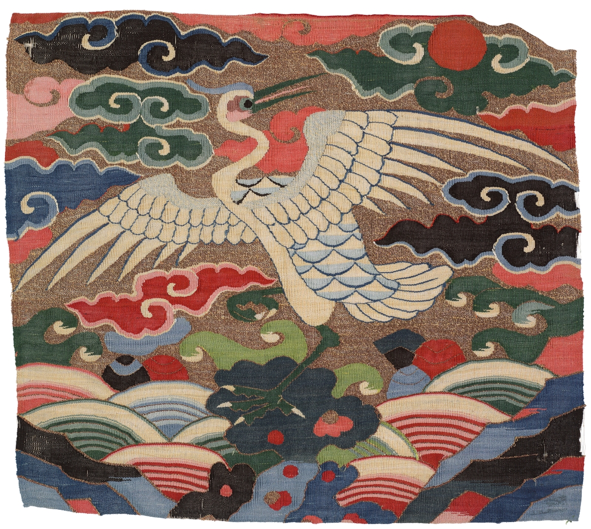 明十六/十七世紀 緙絲六品安人鷺鷥補子。12⅞ x 11&frac12;英寸（32.7 x 29.2公分）。估價：8,000&ndash;12,000美元。此拍品將於2022年3月24日在佳士得紐約重要中國瓷器及工藝精品拍賣中呈獻