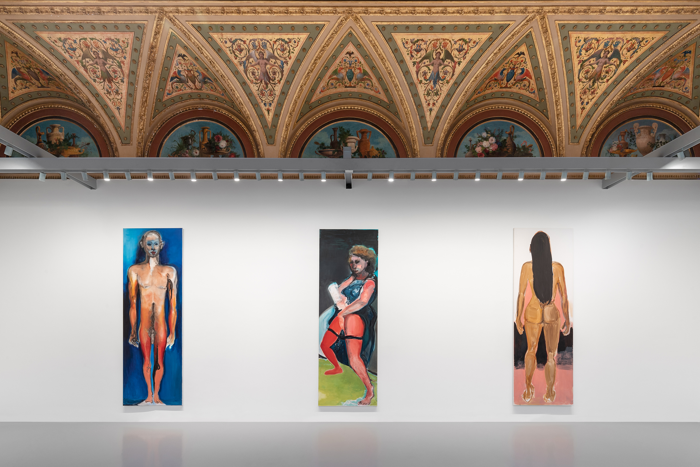 An installation view of Marlene Dumas: open-end at Palazzo Grassi. Alien, 2017, Pinault Collection. Spring, 2017, Private collection. Courtesy David Zwirner. Amazon, 2016, Private collection, Switzerland. Photo: Marco Cappelletti con Filippo Rossi © Palazzo Grassi © Marlene Dumas