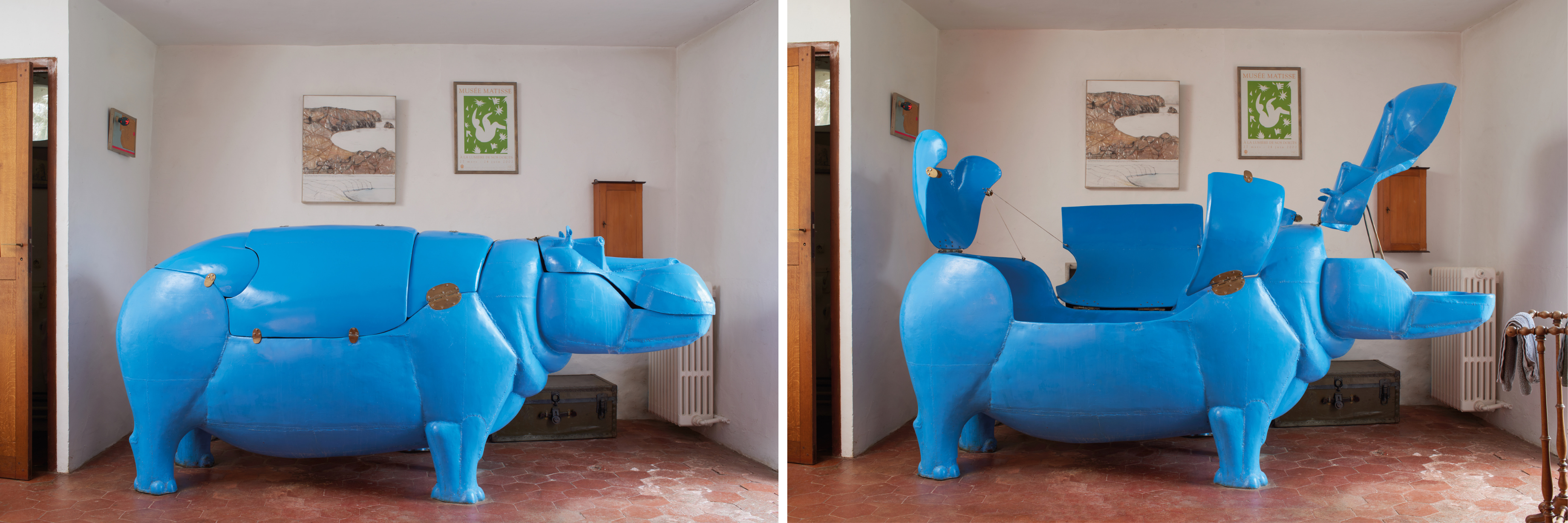 Fran&ccedil;ois-Xavier Lalanne (1927-2008), Hippopotame I (folded and open), 1968-69. Laminated molded polyester resin and brass. Open: 72&frac12; x 49&frac14; x 111⅜ in (184 x 125 x 283 cm). Folded: 49&frac14; x 35&frac34; x 111⅜ in (125 x 91 x 283 cm). Estimate: &pound;670,000-1,000,000. Offered in Collection Jacqueline Matisse Monnier on 13 April 2022 at Christie's in Paris