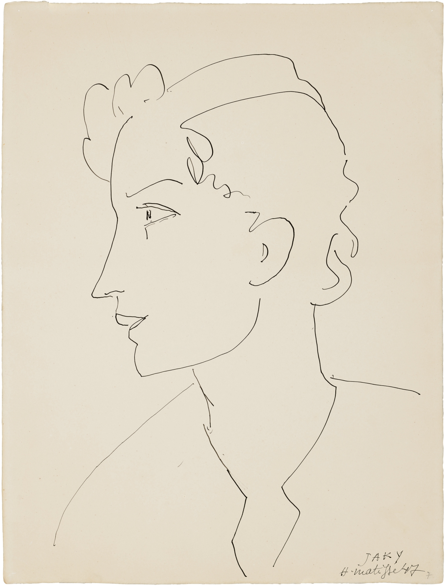 Henri Matisse (1869-1954), Jaky, 1947. Charcoal and estompe on paper. 19⅜ x 14	⅝ in (49.4 x 37.2 cm). Estimate: &pound;34,000-50,000. Offered in Collection Jacqueline Matisse Monnier on 13 April 2022 at Christie's in Paris