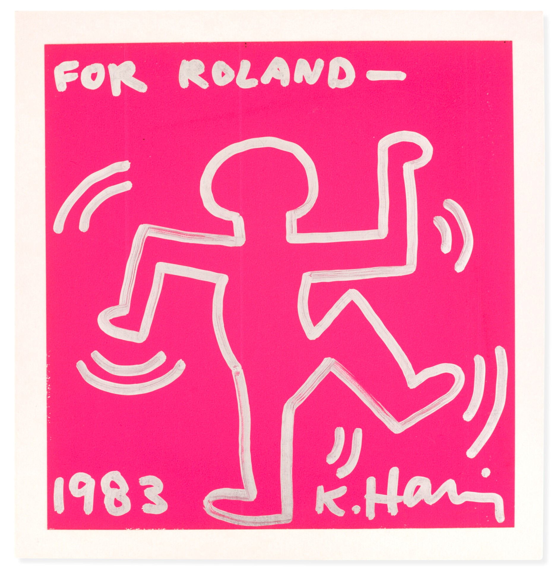 Keith Haring (1958-1990), For Roland, 1983. Felt pen on cardboard. 10⅗ x 10⅕ in (27 x 26 cm). Estimate: €10,000-15,000. Offered in Collection Roland Petit & Zizi Jeanmaire: un patrimoine pour la danse on 25 March-6 April at Christie’s, Online