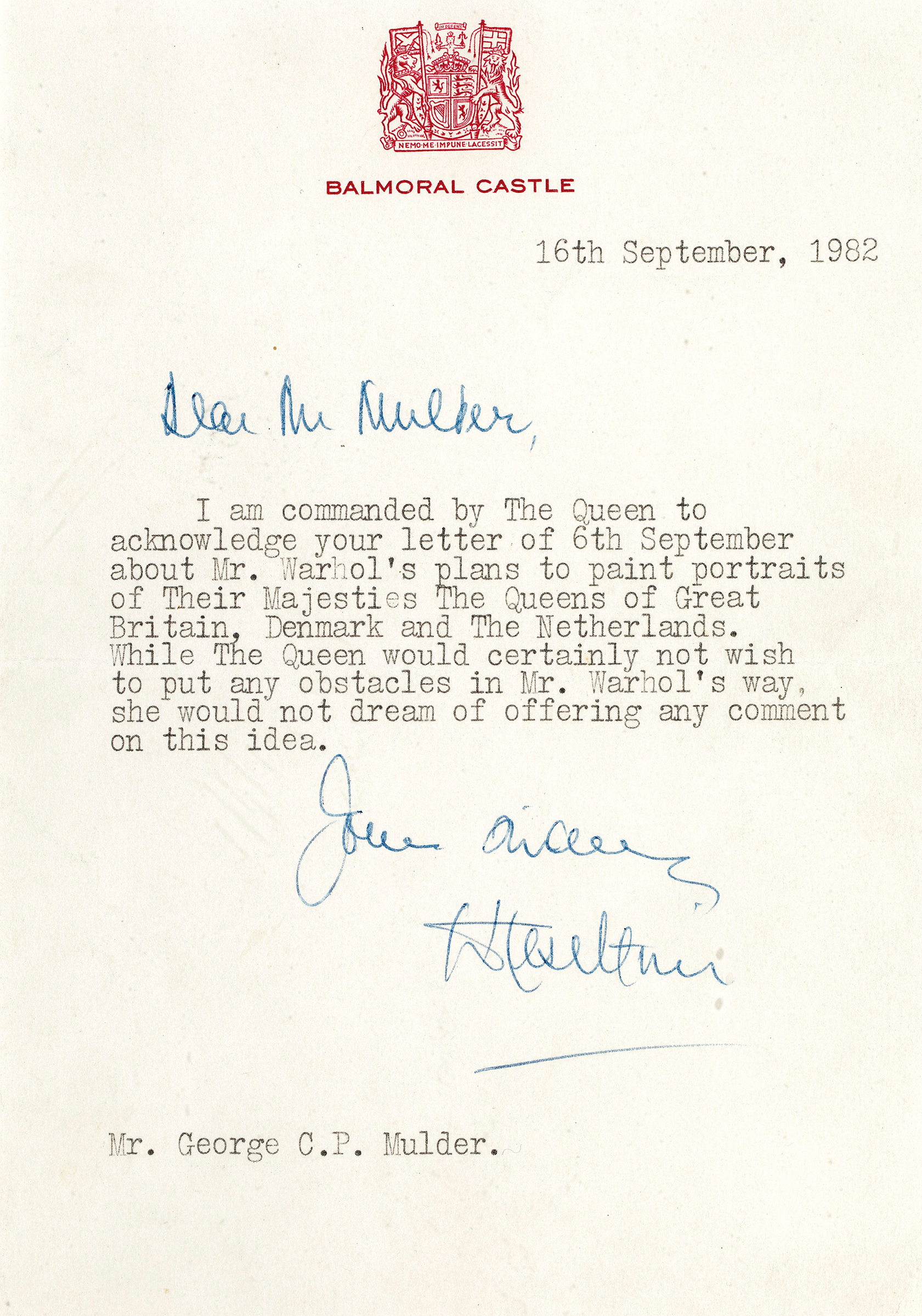 Sir William Heseltine’s letter to Andy Warhol’s dealer in Europe, George Mulder. Photo: Courtesy of Lex Harding