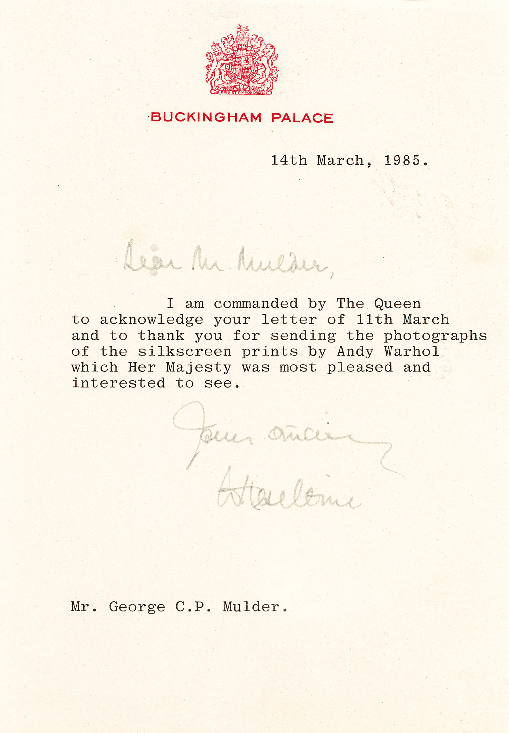 The response from Buckingham Palace some two and half years on from George Mulder’s initial approach to the Queen’s private secretary. Photo: Courtesy of Lex Harding