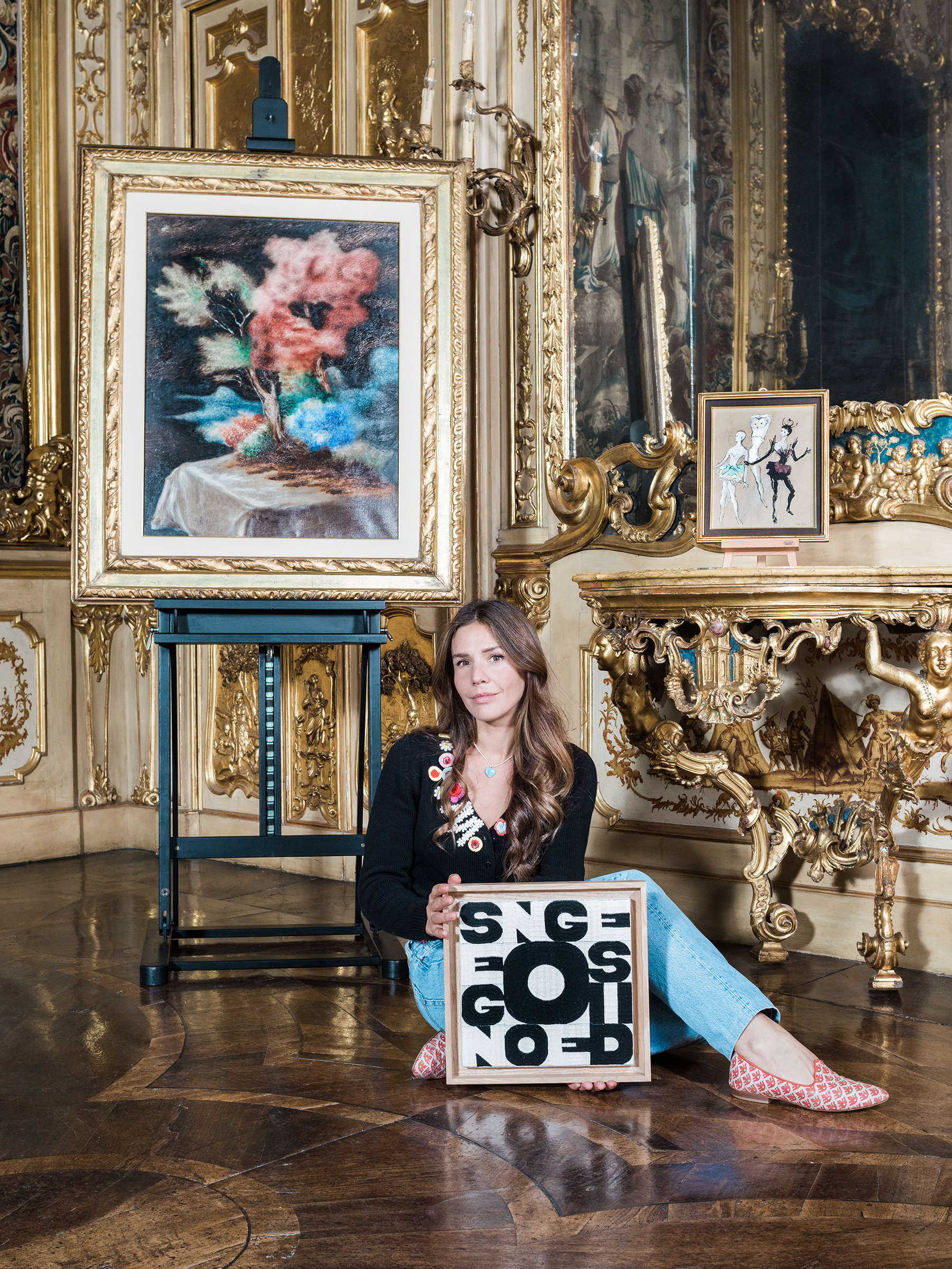 Rosita’s granddaughter Margherita Maccapani Missoni with Alighiero Boetti’s Segno e disegno (Sign and Drawing), circa 1979, Alberto Savinio, La forêt dans l’appartement, 1930 and Leonor Fini, Le bal (The Dance), circa 1948 (right). Photo: Martina Giammaria