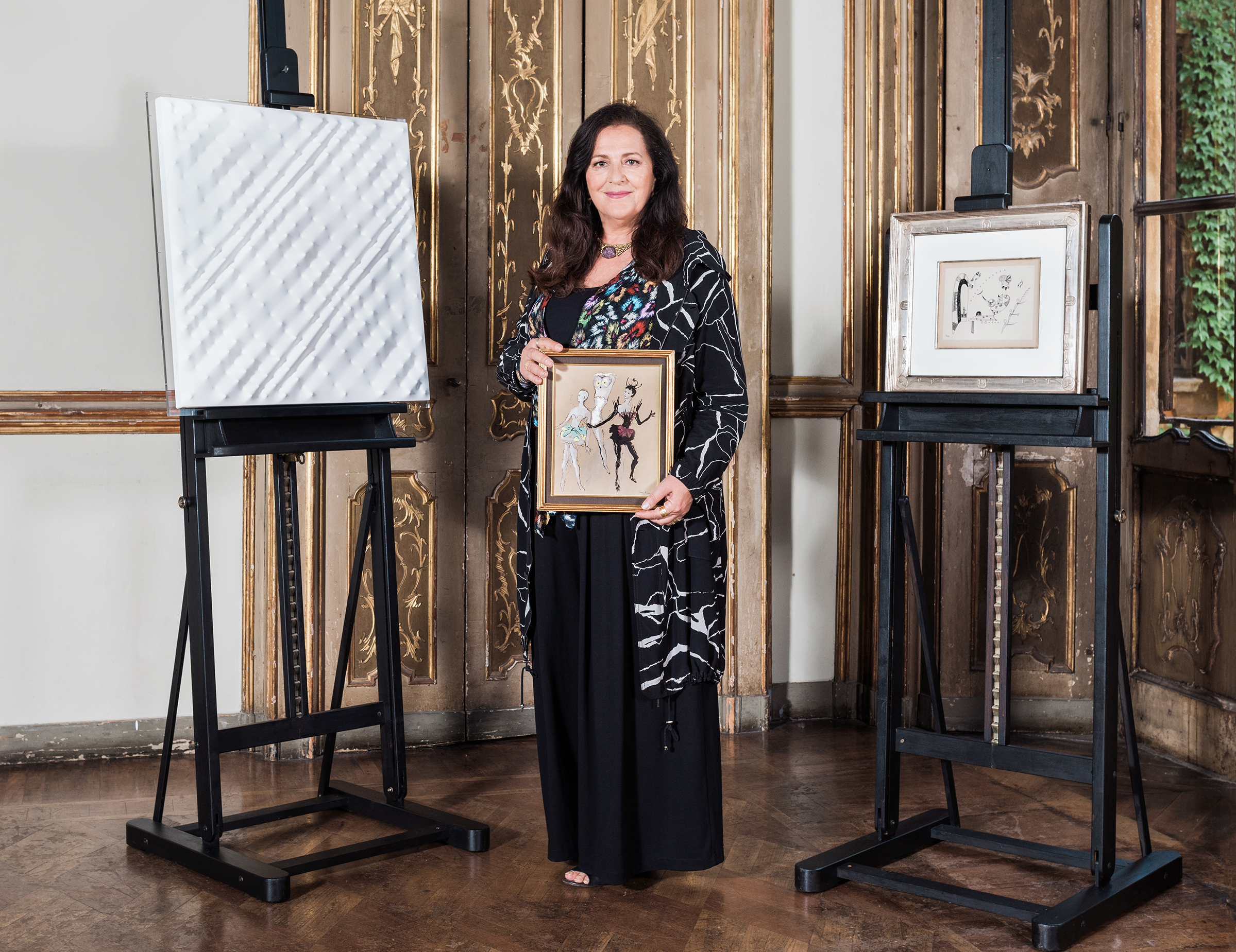 Angela Missoni also chose Leonor Fini, Le bal (The Dance), circa 1948, with Enrico Castellani, Superficie bianca, 1995 (left), and Wassily Kandinsky, Dessin pour Allégresse, 1939 (right). Photo: Martina Giammaria