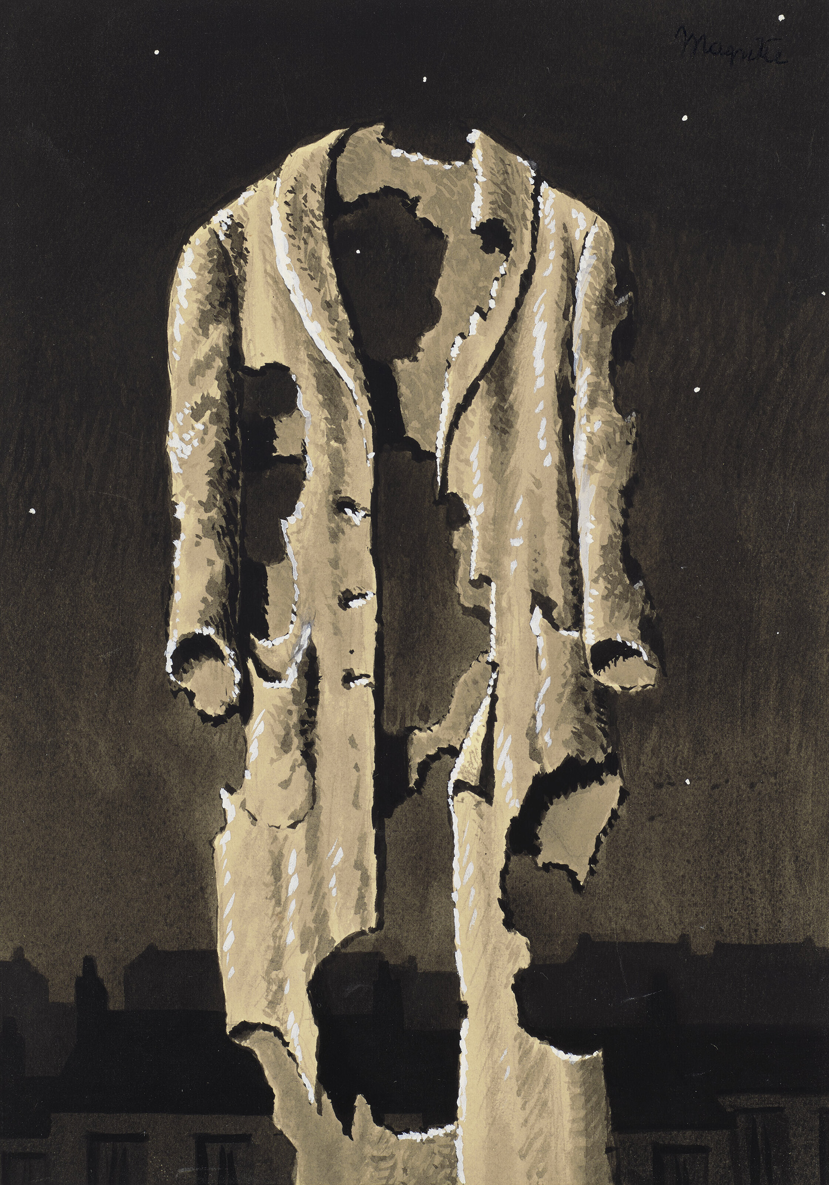 Ren&eacute; Magritte (1898-1967), Le manteau de Pascale, 1954. Brush and India ink and wash with white heightening on paper. 9 3/4 x 7 1/8 in (24.7 x 8 cm). Estimate: $300,00-500,000. Offered in The Surrealist World of Rosalind Gersten Jacobs and Melvin Jacobs in 14 May 2022 at Christie's in New York