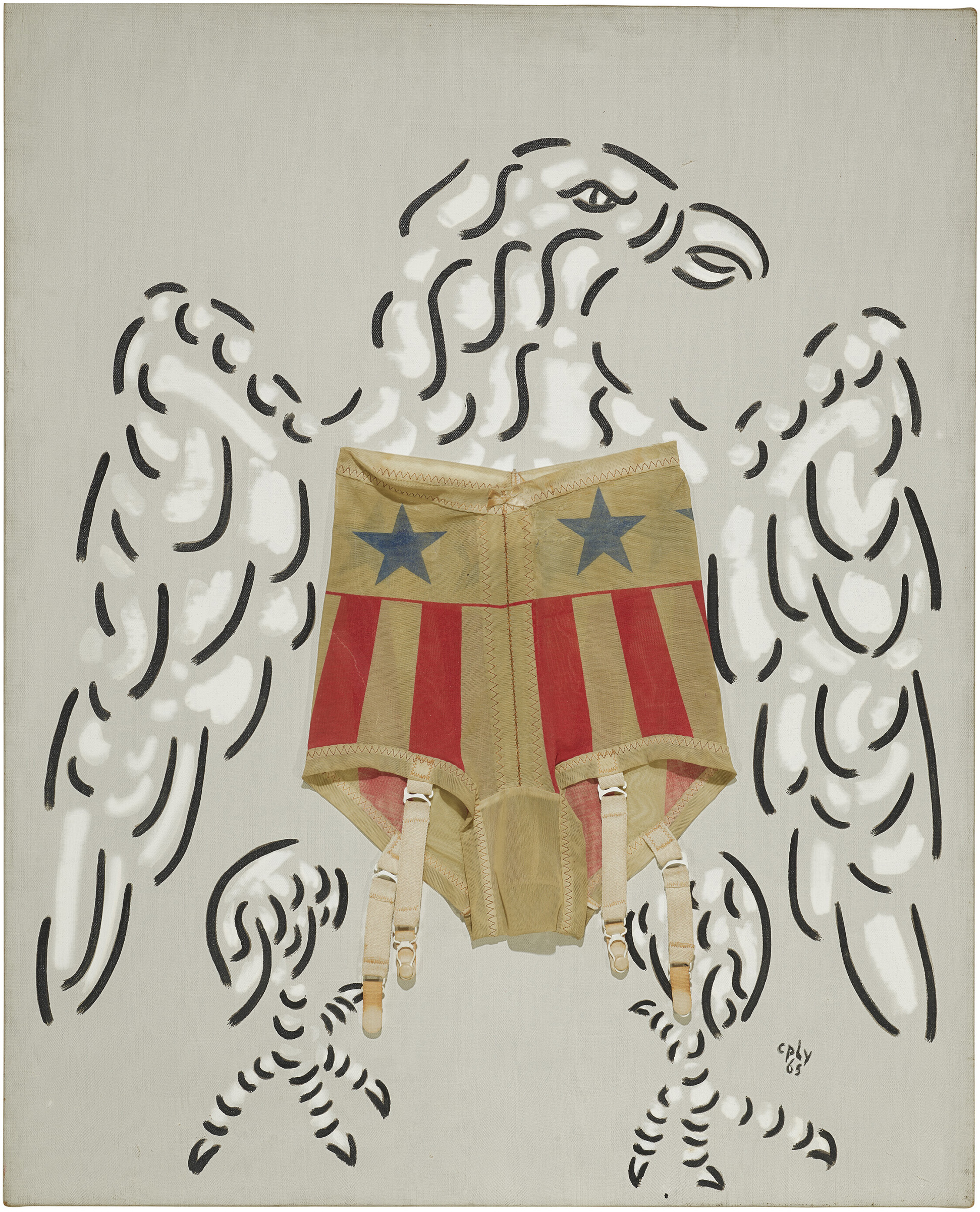 William Nelson Copley (1919-1996), American Girdle, 1965. Oil and attached girdle on canvas. 32 x 26 in (81.5 x 66 cm). Estimate: $60,000-80,000. Offered in The Surrealist World of Rosalind Gersten Jacobs and Melvin Jacobs in 14 May 2022 at Christie's in New York
