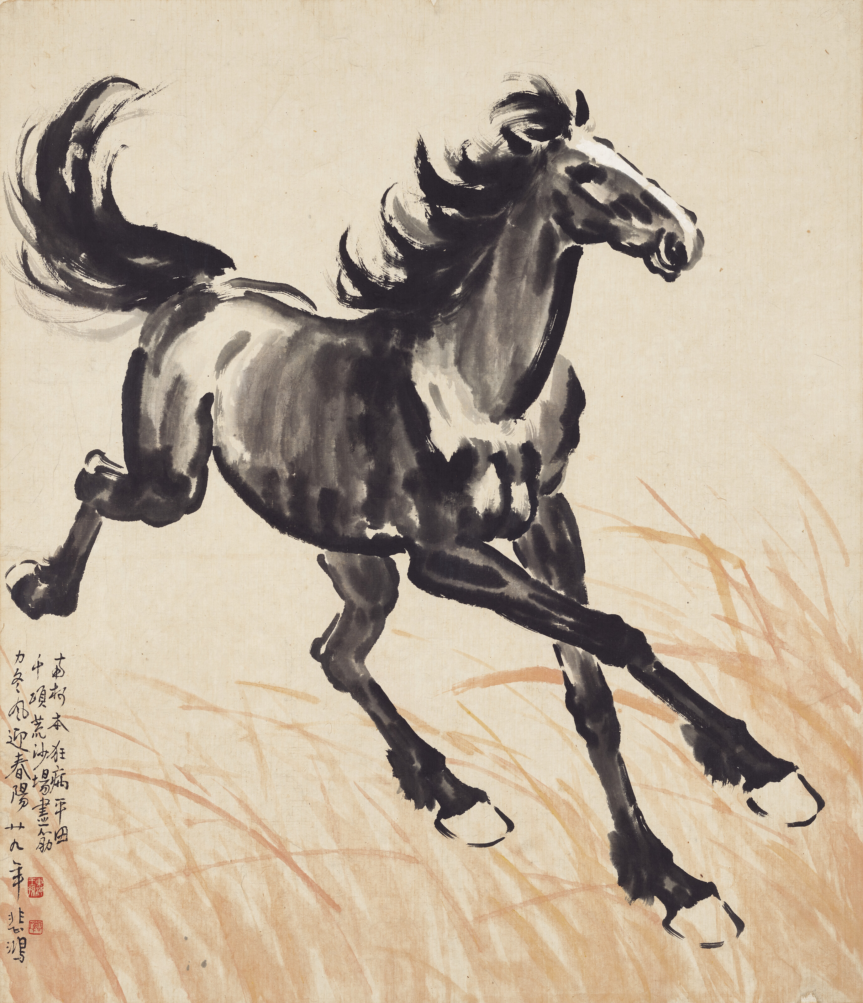 徐悲鸿（1895-1953），《冬风迎春阳》，1940年作。设色纸本 镜框。103.8 x 89.2 公分（40 7/8 x 35 1/8 英寸）。估价：港元2,500,000 &ndash; 3,500,000。此作将于2022年5月29日在中国近现代及当代书画拍卖中呈献