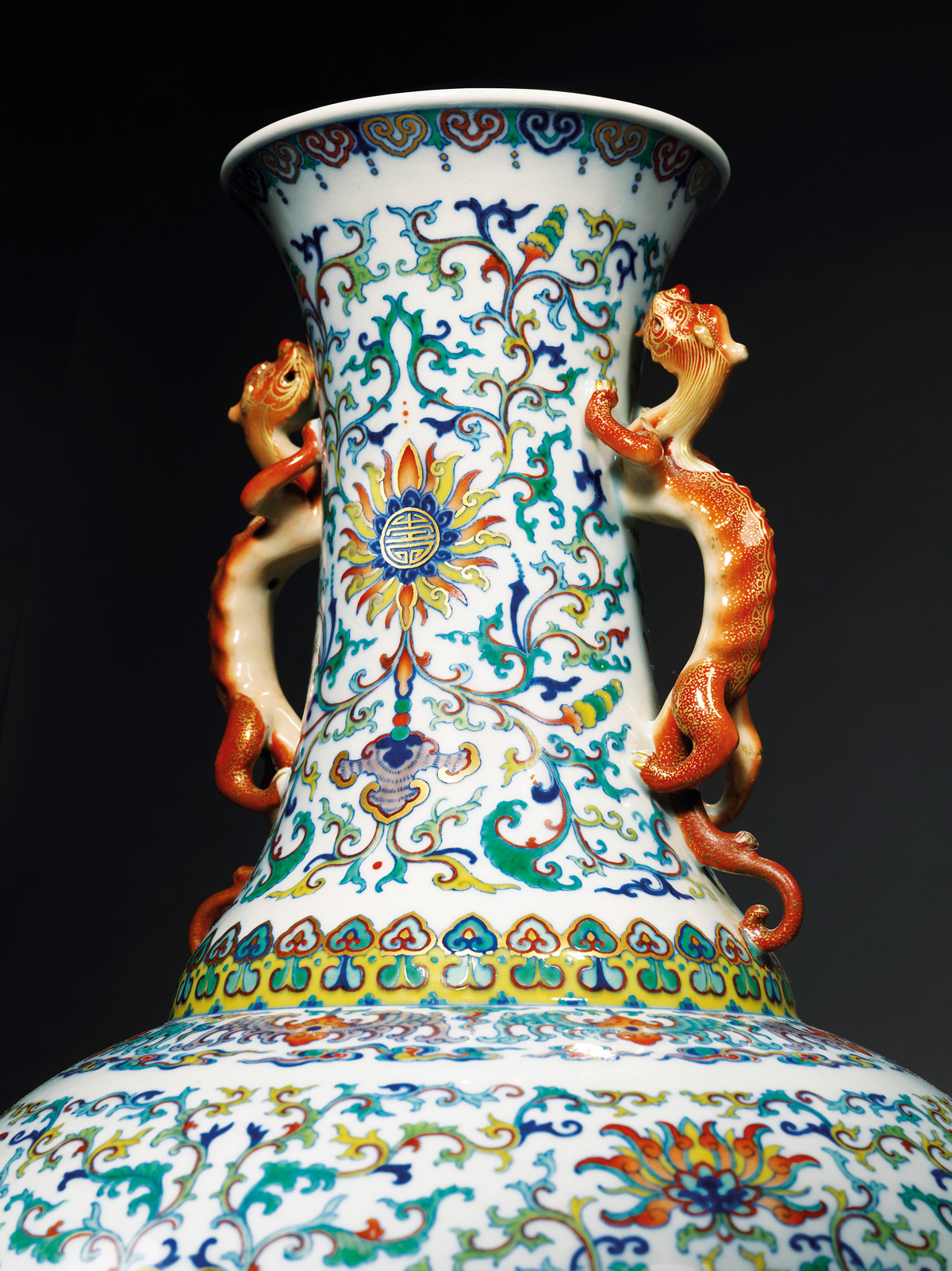 A magnificent and extremely rare large doucai vase (detail), Qianlong six-character seal mark in underglaze-blue and of the period (1736-1795). 52.7 cm (20¾ in) high, wood stand. Estimate: HK$30,000,000-50,000,000. Offered in Important Chinese Ceramics and Works of Art on 30 May 2022 at Christie’s in Hong Kong