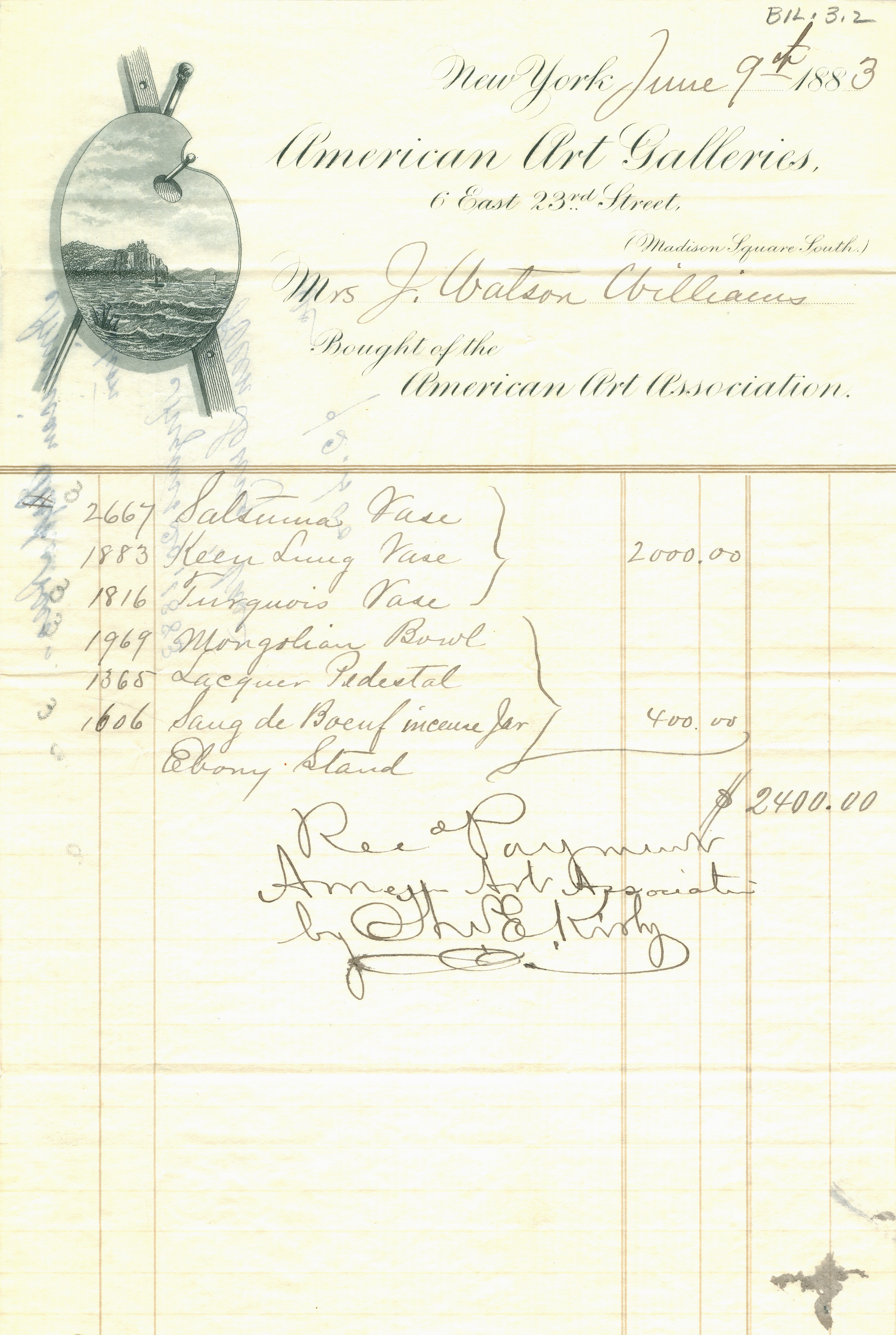 本斗彩大瓶1883年6月9日自美国艺廊购得时之收据