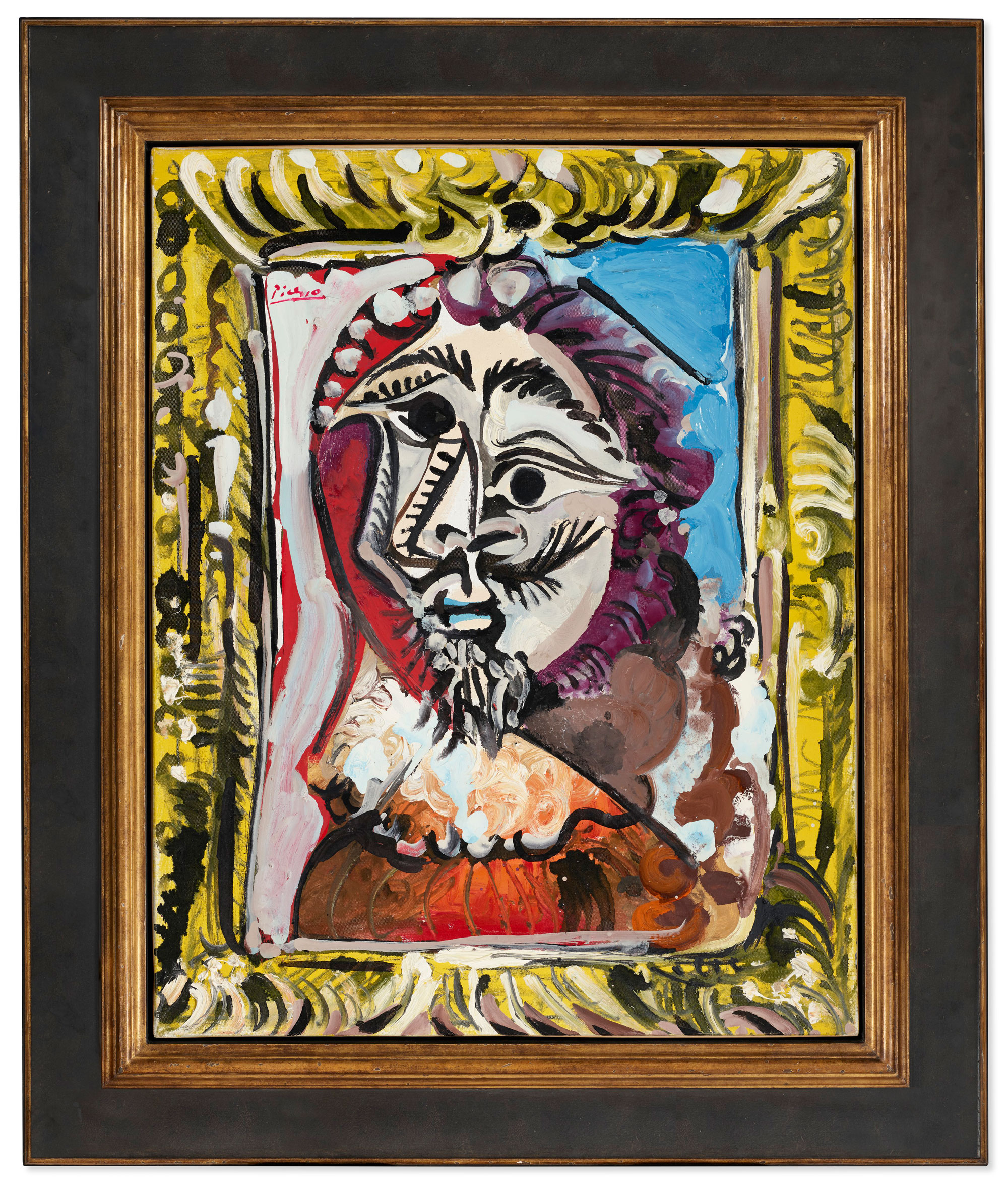 巴布羅&middot;畢加索（1881-1973），《畫框中的男子半身像》。1969年3月29日作於穆然。油彩 畫布。92 x 73 公分（36&frac14; x 28&frac34; 英寸）。估價待詢。此作將於2022年5月26日在佳士得香港二十及二十一世紀藝術晚間拍賣中呈獻