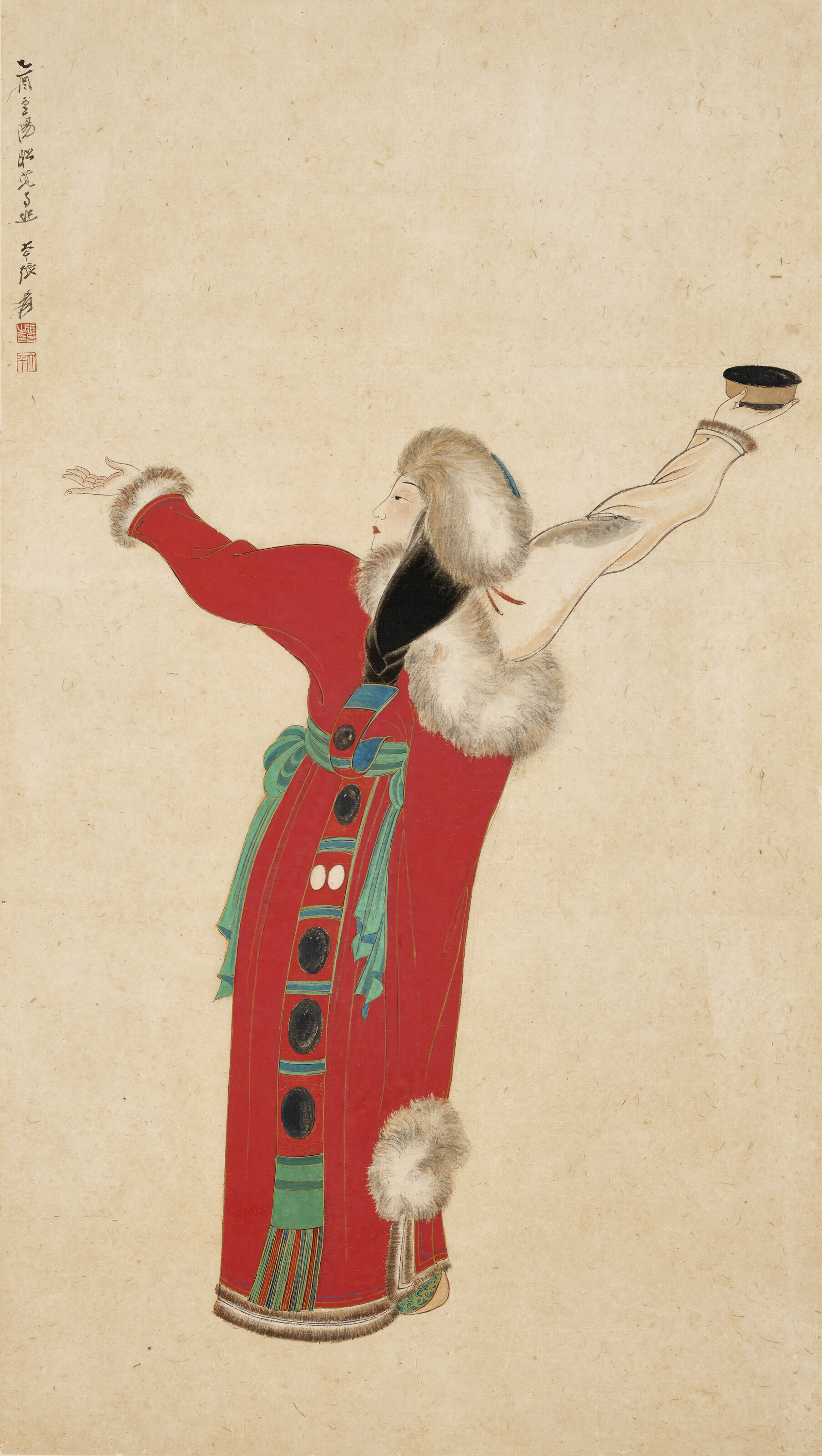 张大千（1899-1983），《番女起舞》。设色纸本　镜框　一九四五年作，106.6 x 60 公分 (42 x 23⅝ 英寸)。估价：5,000,000-6,000,000港元。此作将于2022年5月29日在佳士得香港中国近现代及当代书画拍卖呈献