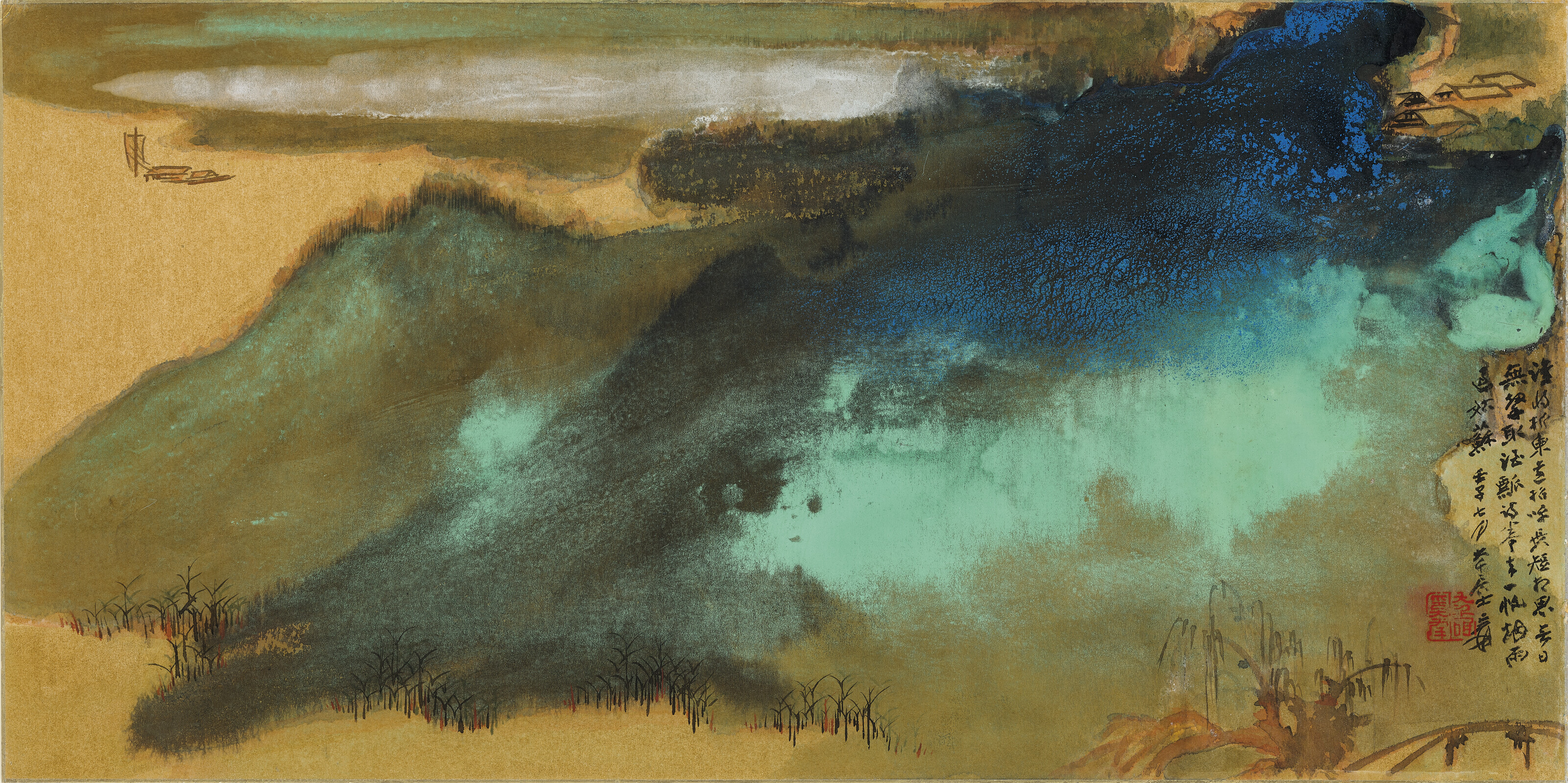 张大千（1899-1983），《烟雨姑苏》。设色金盏　纸板镜框　一九七二年作，39.5 x 78.5 公分 (15&frac12;  x 30⅞ 英寸)。估价：3,000,000-4,000,000港元。此作将于2022年5月29日在佳士得香港中国近现代及当代书画拍卖呈献