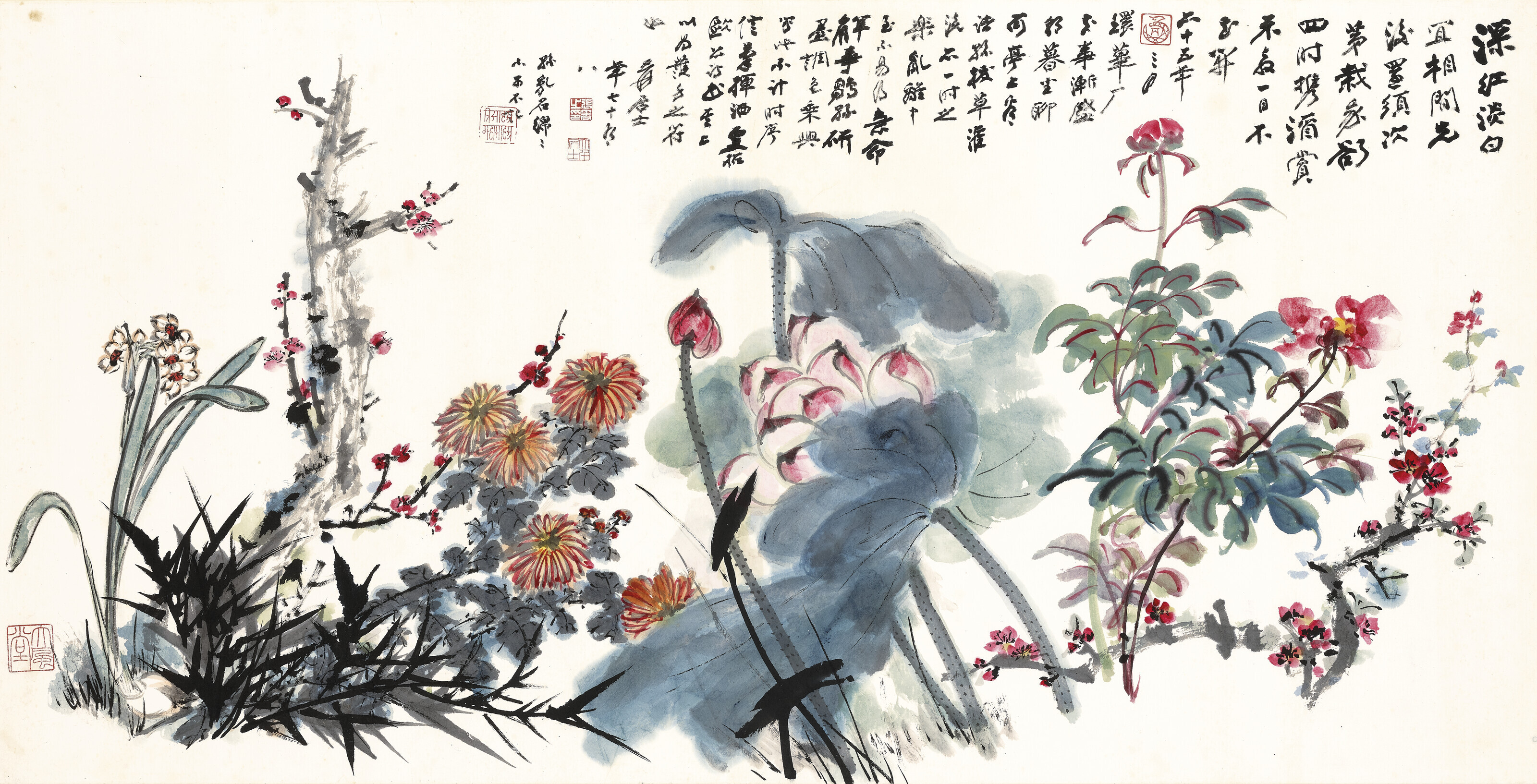 张大千（1899-1983），《四时花卉》。设色纸本　镜框　一九七六年作，68.5 x 135 公分 (27 x 53⅛ 英寸)。估价：3,000,000-4,000,000港元。此作将于2022年5月29日在佳士得香港中国近现代及当代书画拍卖呈献