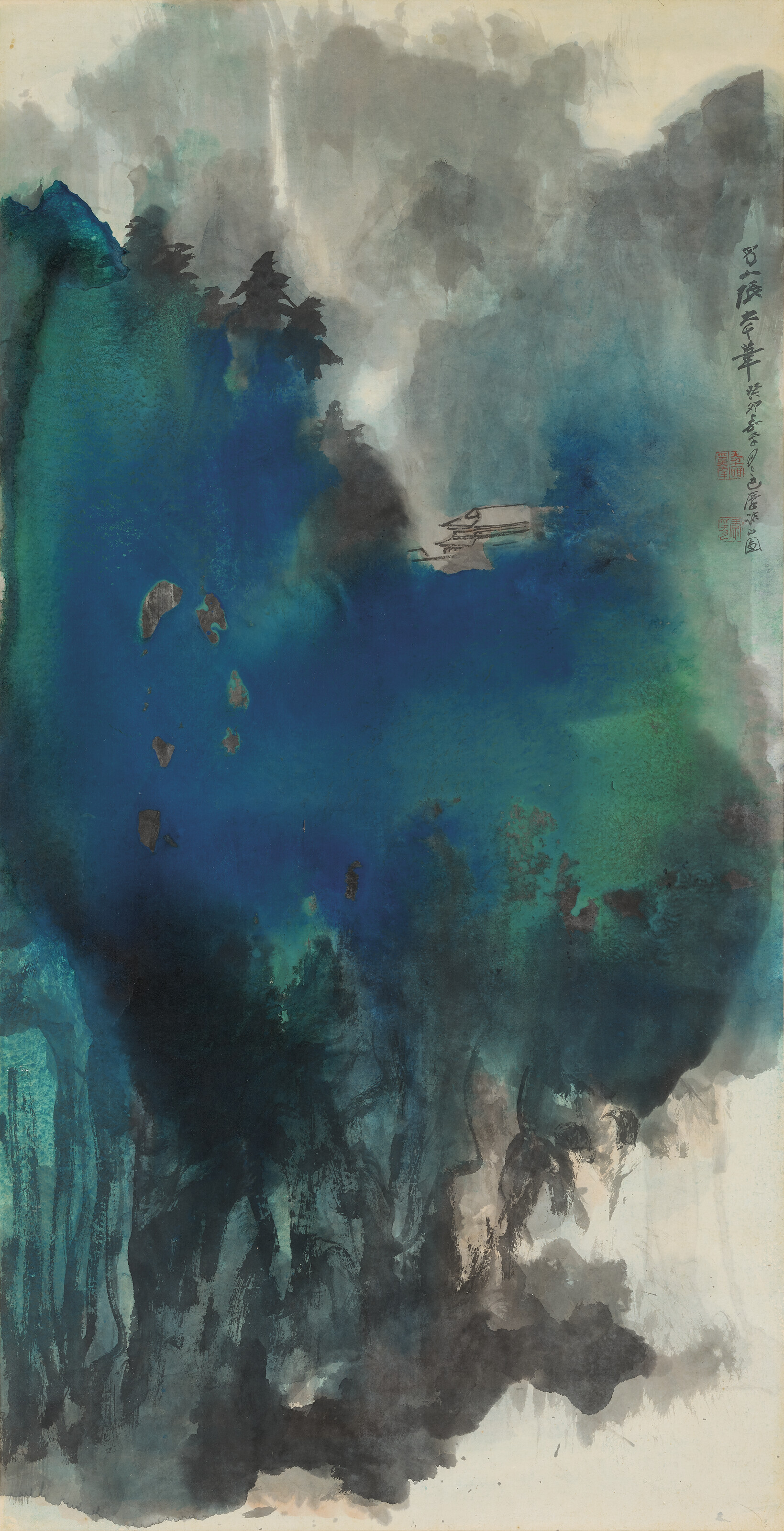 张大千（1899-1983），《山寺飞泉》。设色纸本　立轴　一九六三年作，136.2 x 68.5 公分 (53⅝ x 27⅜ 英寸)。估价：60,000,000-80,000,000港元。此作将于2022年5月26日在佳士得香港二十及二十一世纪艺术晚间拍卖呈献