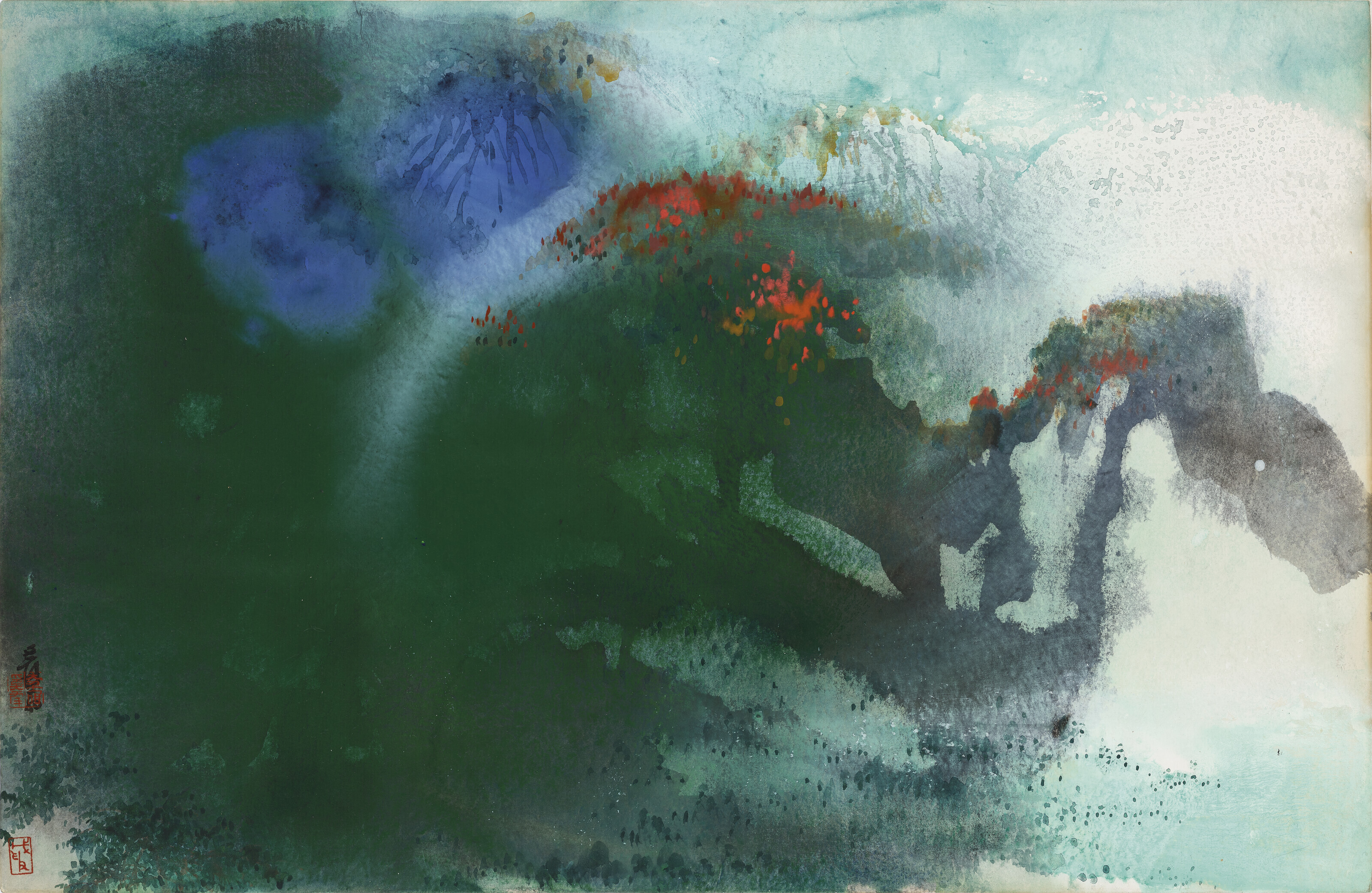 张大千（1899-1983），《秋山瑞霭》。设色纸本　镜框　一九六八年作，61.6 x 94.5 公分 (24&frac14; x 37⅛ 英寸)。估价：12,000,000-18,000,000港元。此作将于2022年5月29日在佳士得香港中国近现代及当代书画拍卖呈献