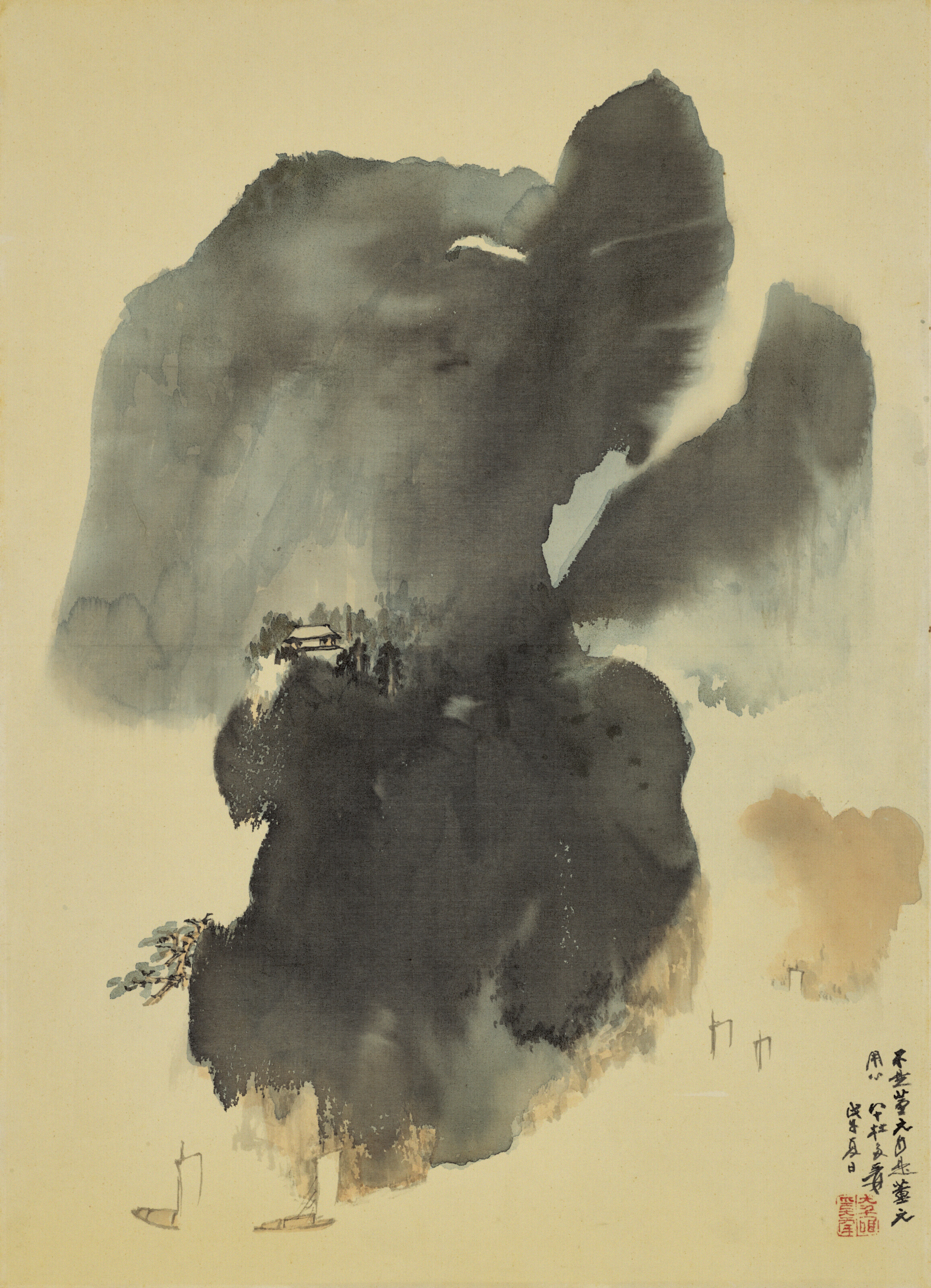 张大千（1899-1983），《桐江帆影》。设色绢本　镜框　一九七八年作，74 x 53 公分 (29⅛ x 20⅞ 英寸)。估价：1,300,000-2,600,000港元。此作将于2022年5月29日在佳士得香港中国近现代及当代书画拍卖呈献