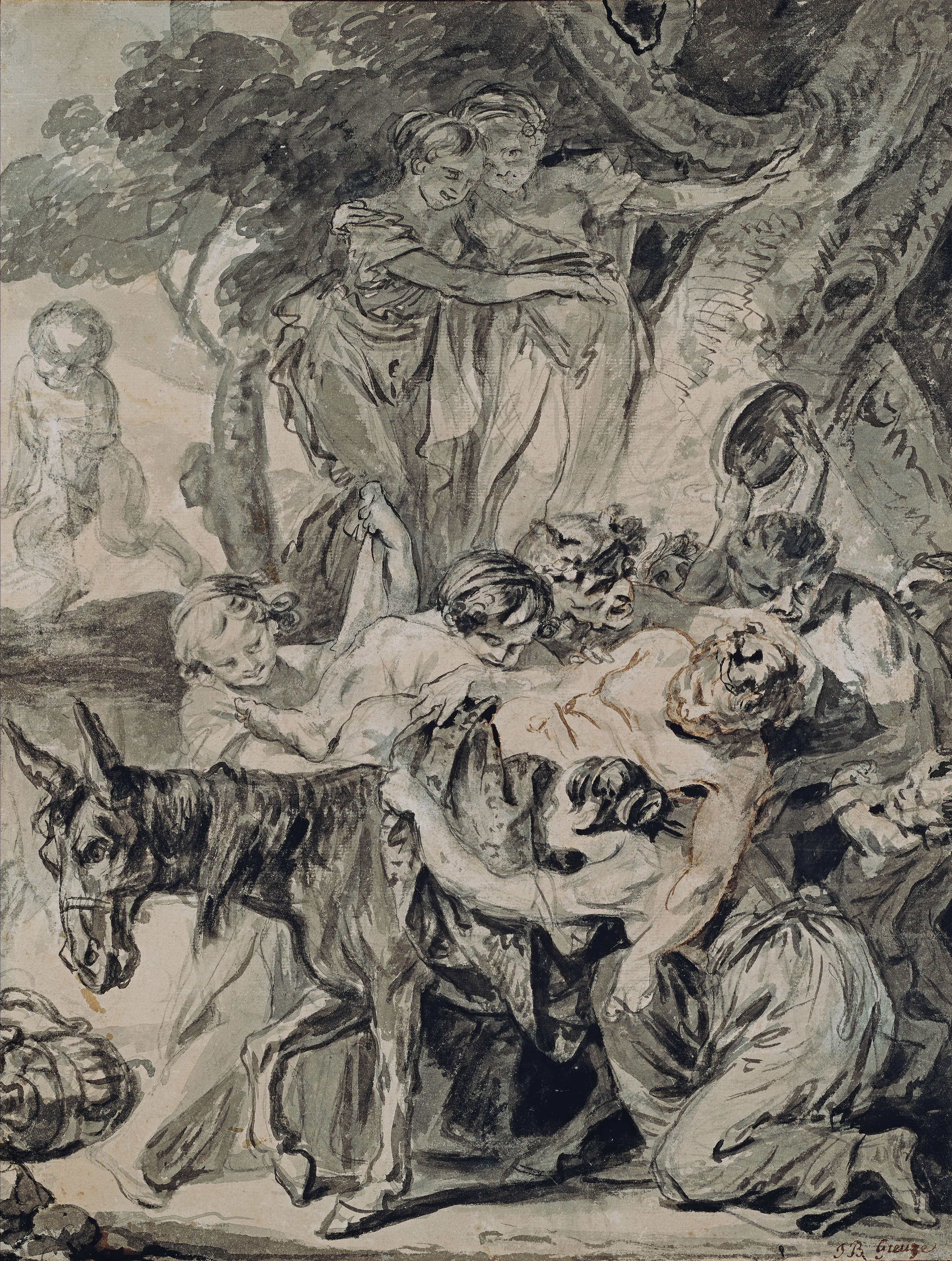 Jean-Baptiste Greuze, La marche de Sil&egrave;ne, graphite, pen and black, grey and brown wash, 21⅒ x 14	&frac45; in (53.7 x 37.6 cm). Estimation: &euro;30,000-50,000. Offered in Ma&icirc;tres Anciens - Dessins, Peintures, Sculptures on 18 May 2022 at Christie's in Paris