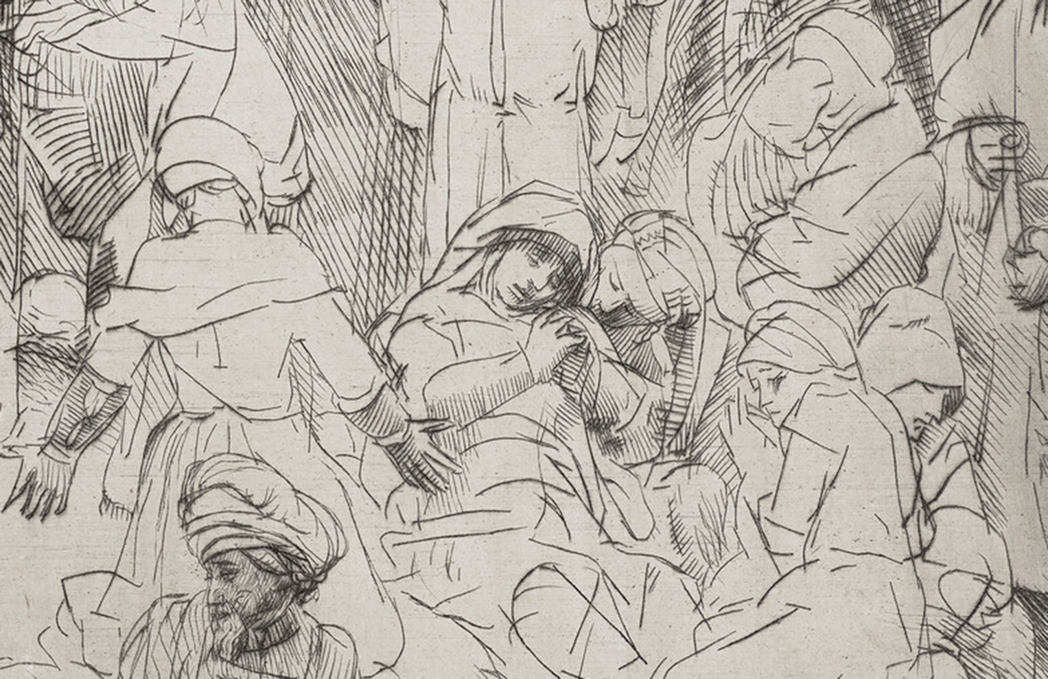 The fainting Virgin Mary is among the mourners at the foot of the cross