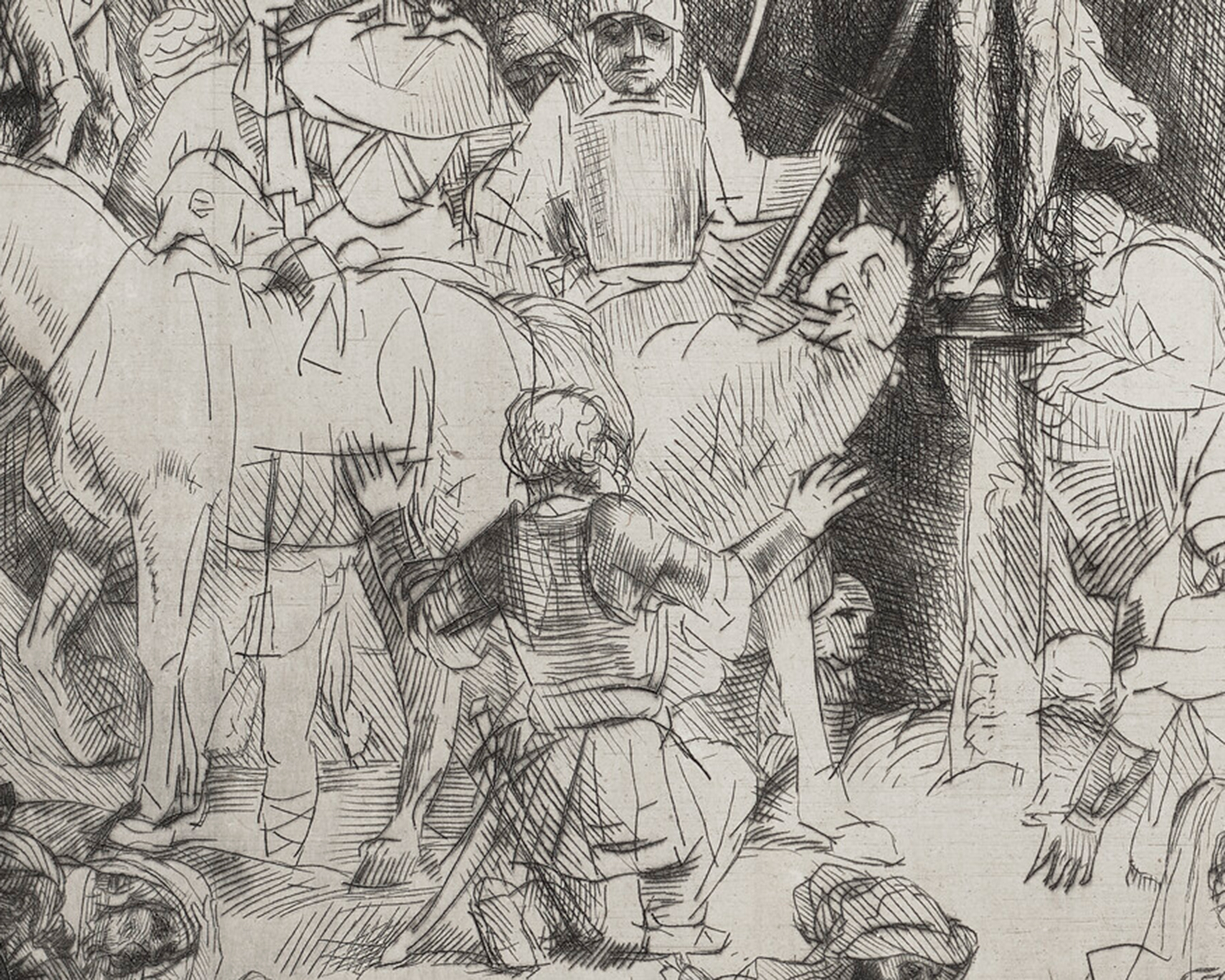 The centurion is shown genuflecting in his moment of conversion