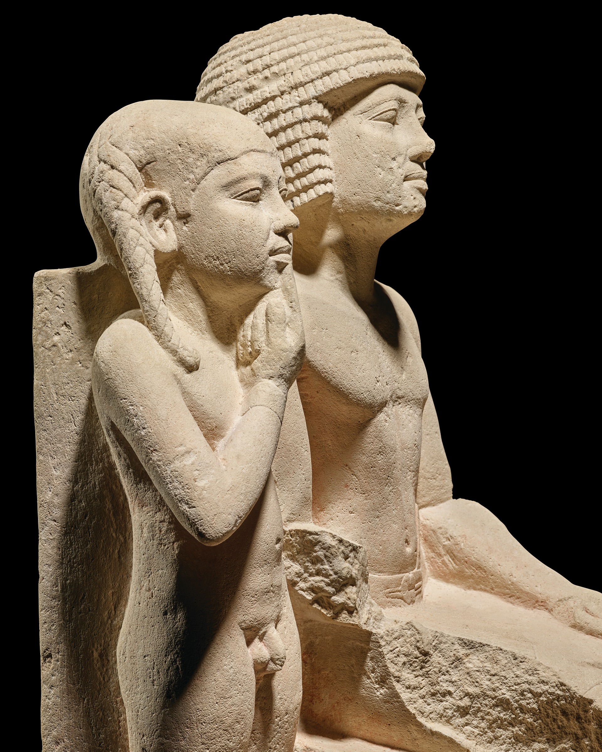 An Egyptian limestone group statue for Mehernefer and his son. Old kingdom, mid-late 5th dynasty, circa 2400-2300 BC. 25⅜ in (64.5 cm) high. Estimate on request. Offered in The Exceptional Sale on 7 July 2022 at Christie&rsquo;s in London