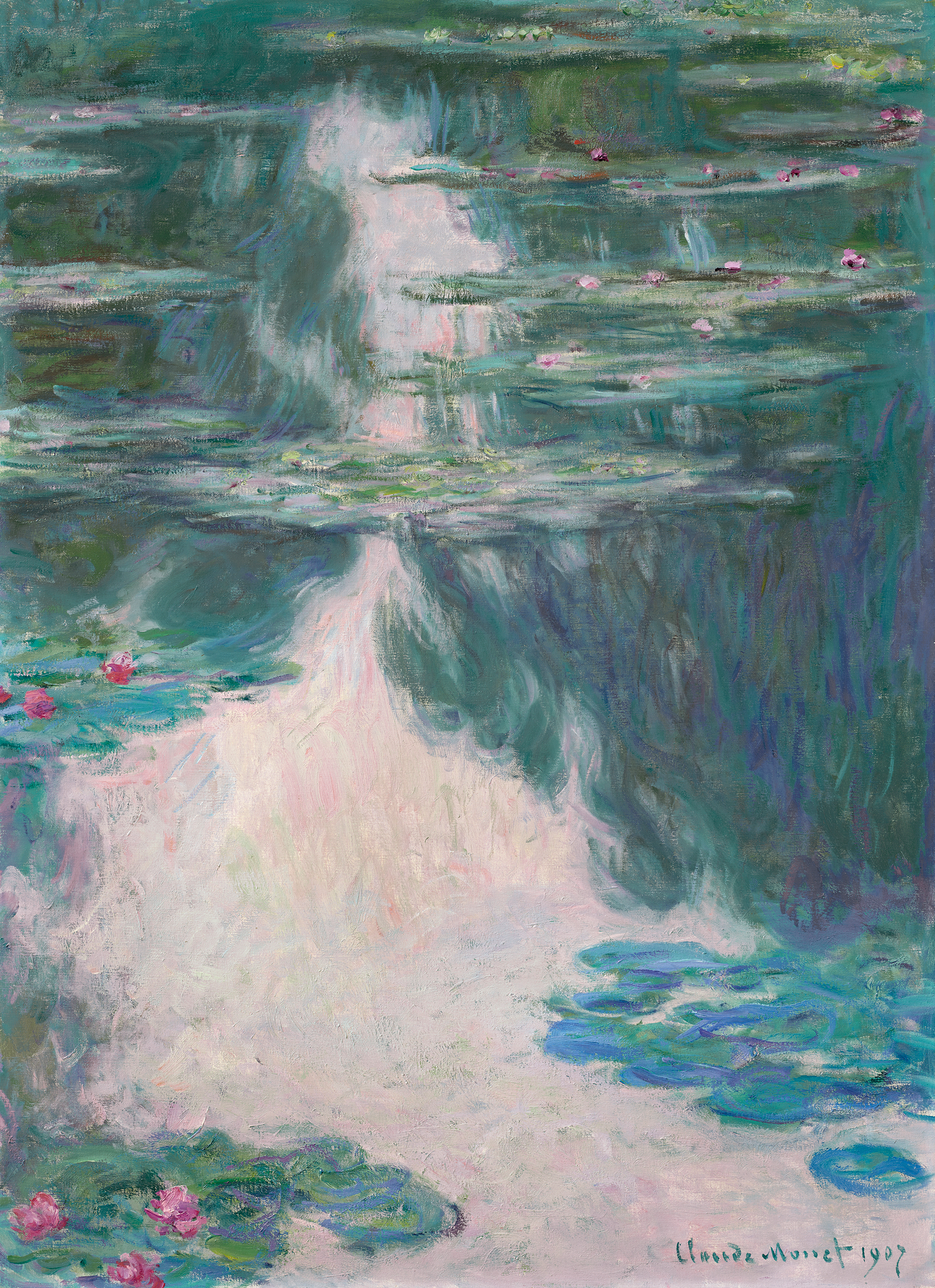 克劳德‧莫奈(1840-1926),《阴天的睡莲》,1907年作。油彩 画布。39½ x 28¾英寸(100.2 x 73.2公分)。估价:20,000,000–30,000,000英镑。此作将于2022年6月28日在佳士得伦敦二十及二十一世纪艺术:伦敦晚间拍卖中呈献