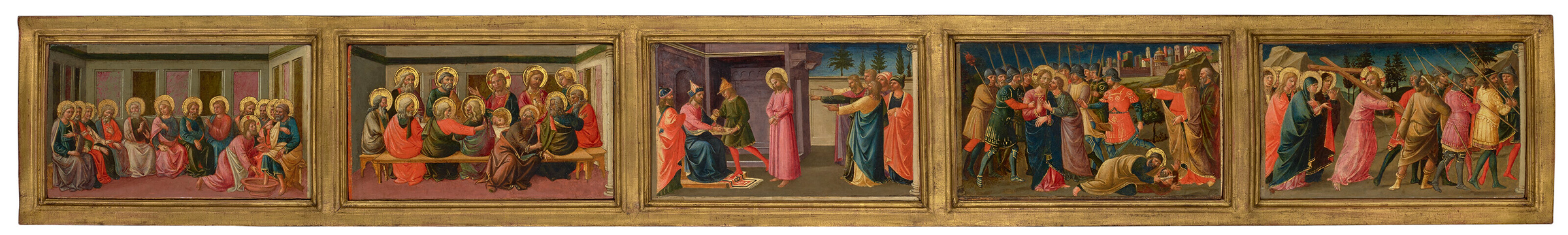 Domenico de Michelino (1417-1491), Five predella panels depicting the Passion of Christ: Christ Washing the Feet of the Apostles, The Last Supper, The Betrayal of Christ, Christ before Pilate and The Road to Calvary. A set of five, tempera and gold on canvas. 9 ⅝ x 16 ½ in (24.5 x 42 cm), each.